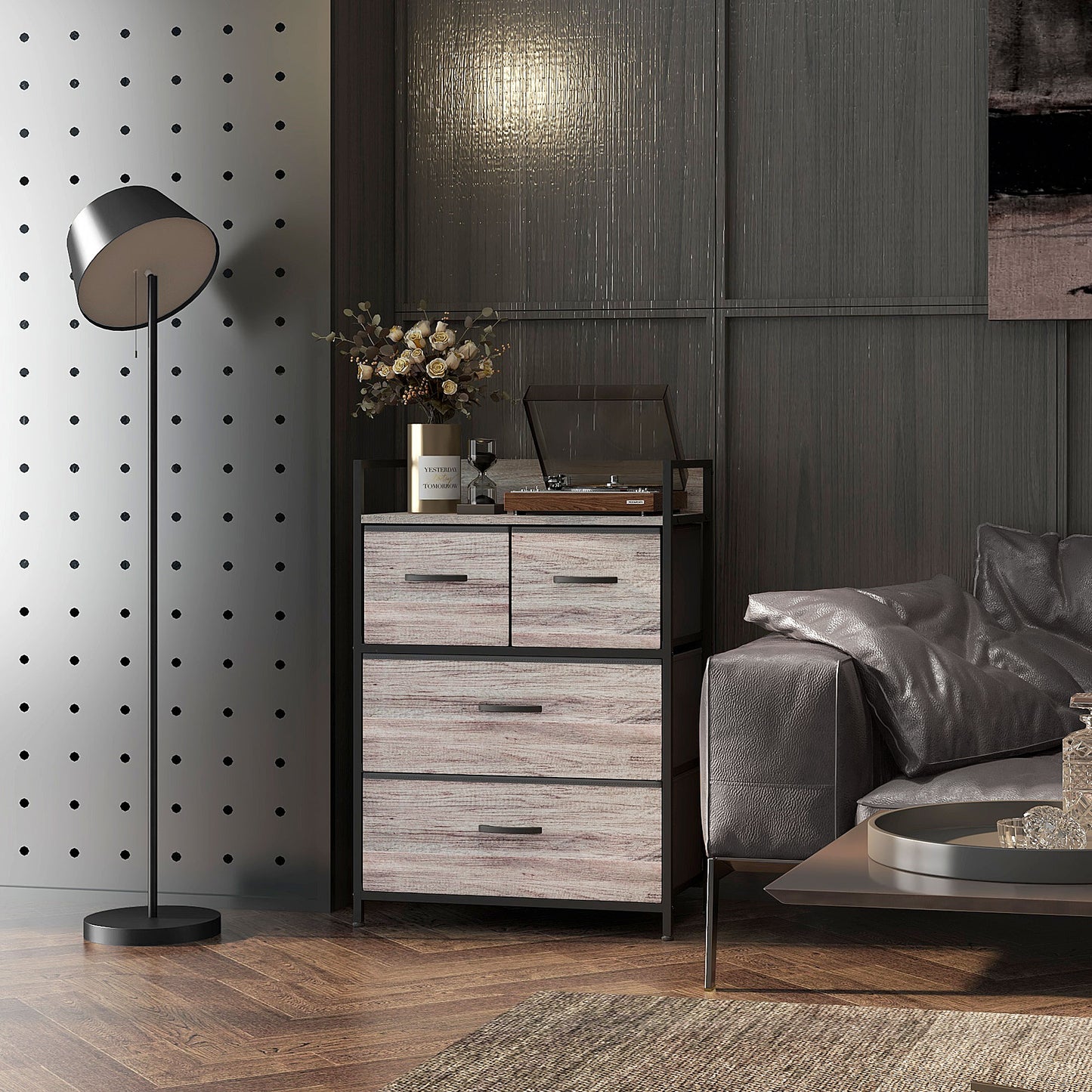 Bedroom Chest of Drawers 4 Drawer Dresser w/ Shelf, Grey Wood Effect