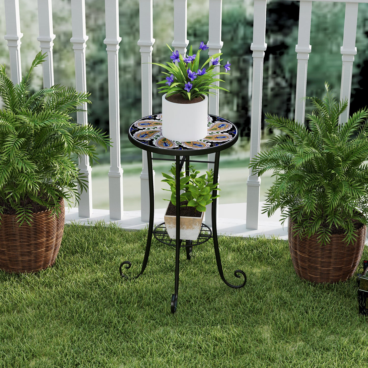 35.5cm Round Mosaic Garden Side Table Plant Stand w/ Shelf, Orange