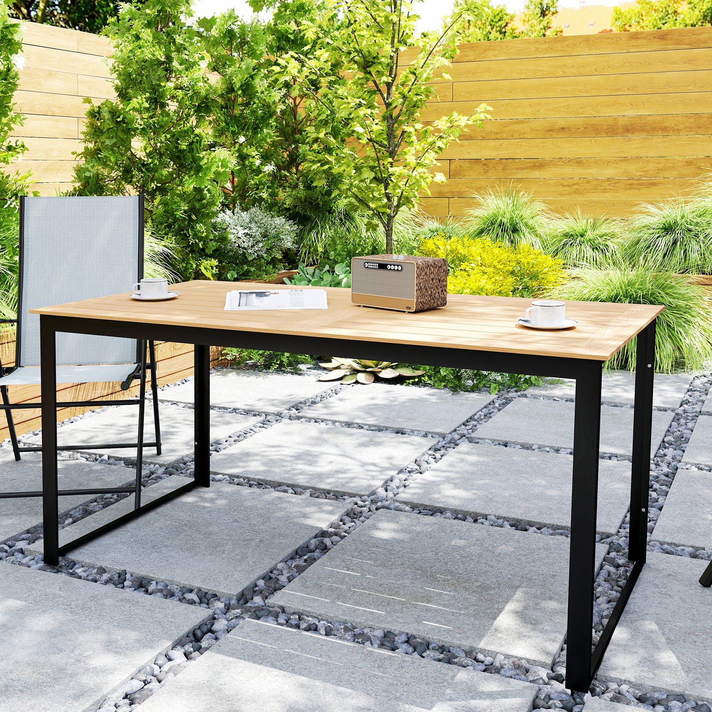 Garden Table for 6 People with Slatted Table Top, Metal Frame, Teak