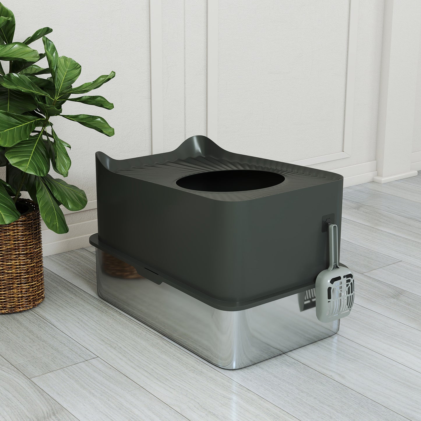 Stainless Steel Cat Litter Box, Enclosed Metal Litter Tray, Dark Grey