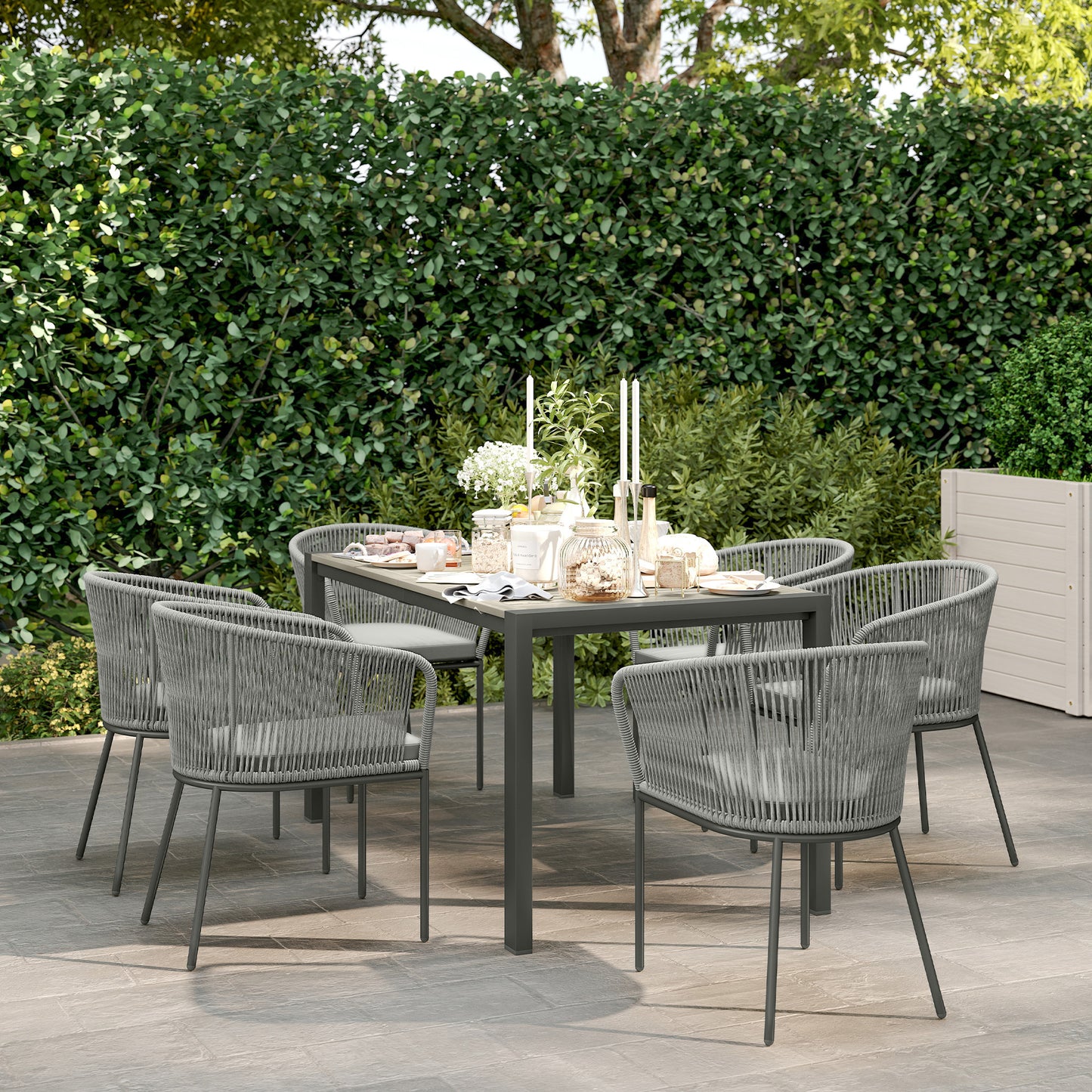 6 Seater Rattan Dining Set with Acacia Wood Table Top Seat Cushions