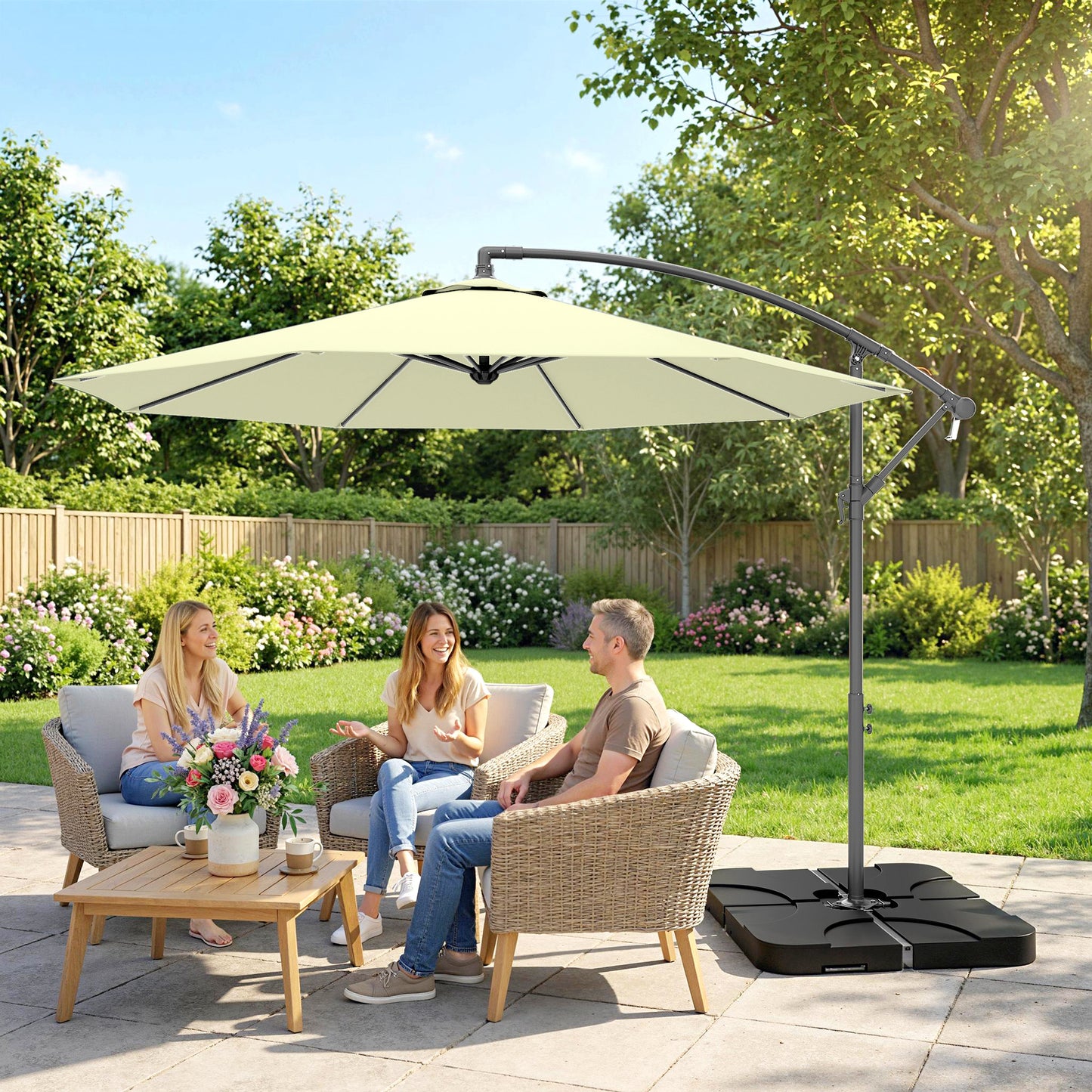 3(m) Banana Parasol Cantilever Umbrella Garden w/ Base Weights - Cream