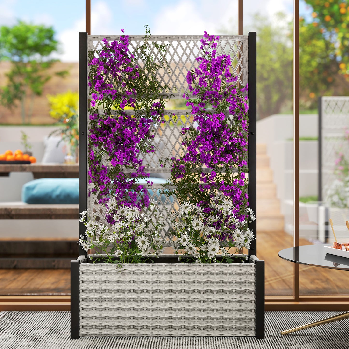Garden Planter Box with Trellis, Rattan Raised Bed, Mixed-grey