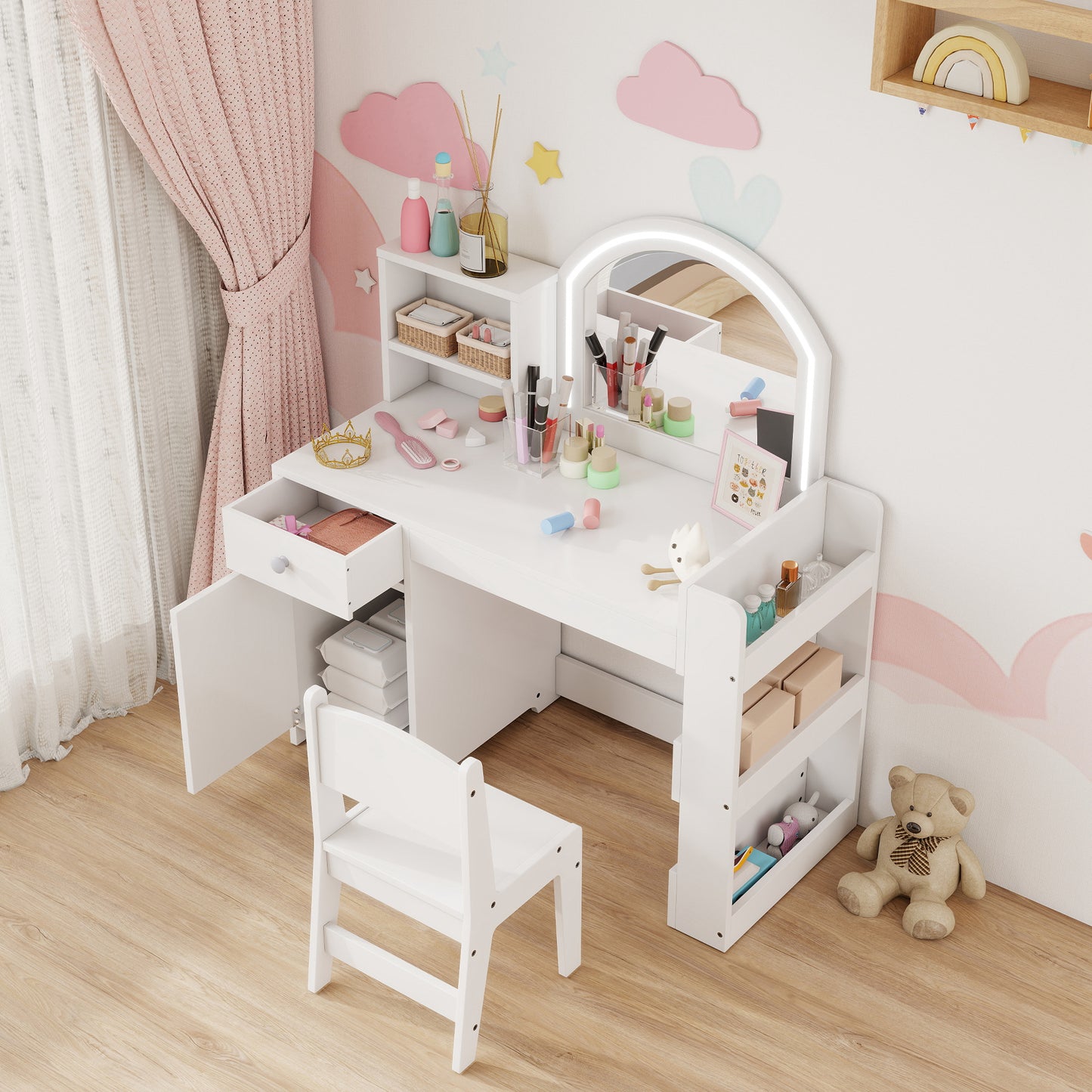 Kids Vanity Table and Chair Set, Girls Dressing Table with 2-Colour LED Mirror, Stool, Cabinet, Drawer, Bookshelf and Shelves for Ages 3-8 Years, White