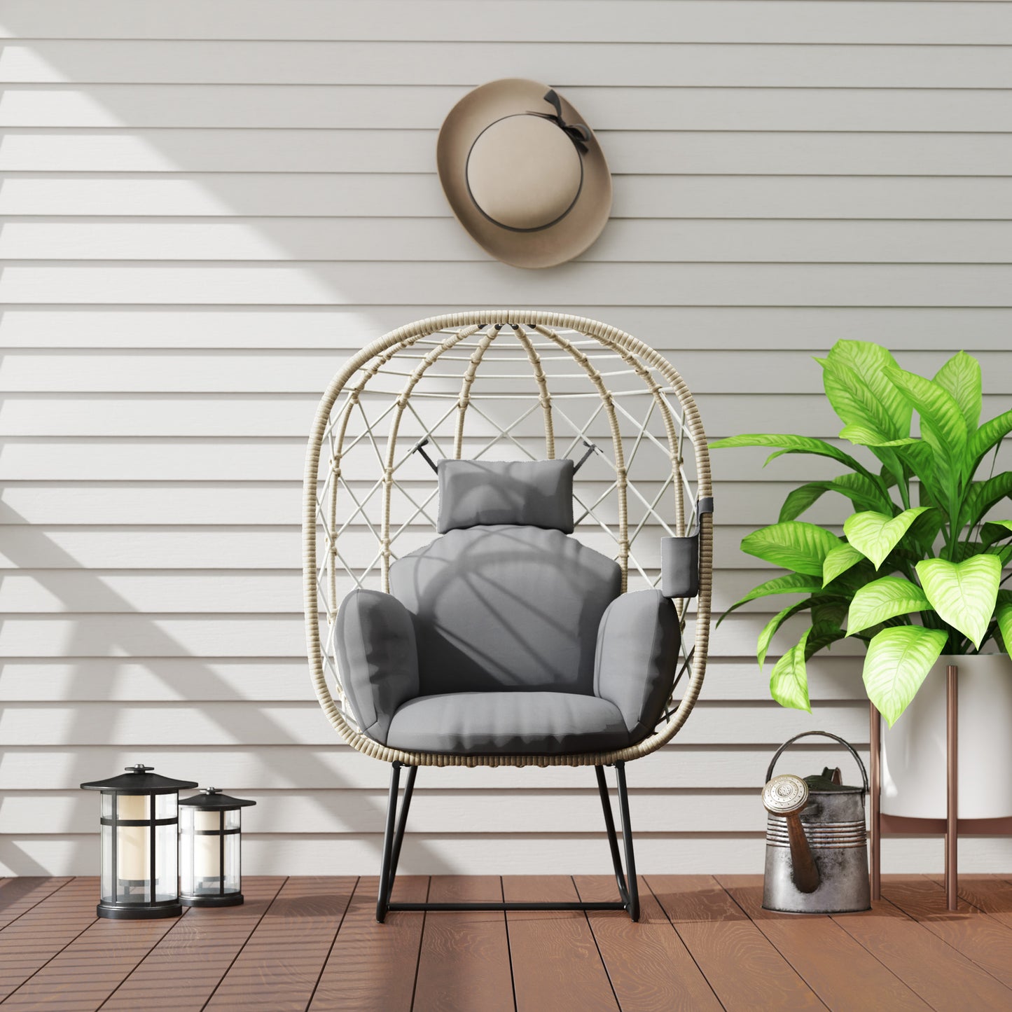 Rattan Garden Egg Chair with Thickened Cushion, Headrest, Grey