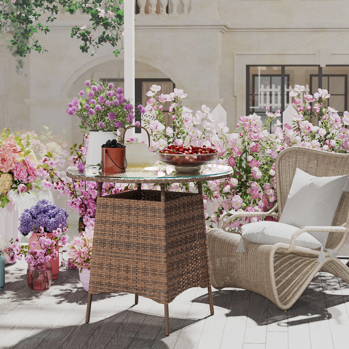 Patio Furniture Rattan Garden Table with Umbrella Hole, Brown