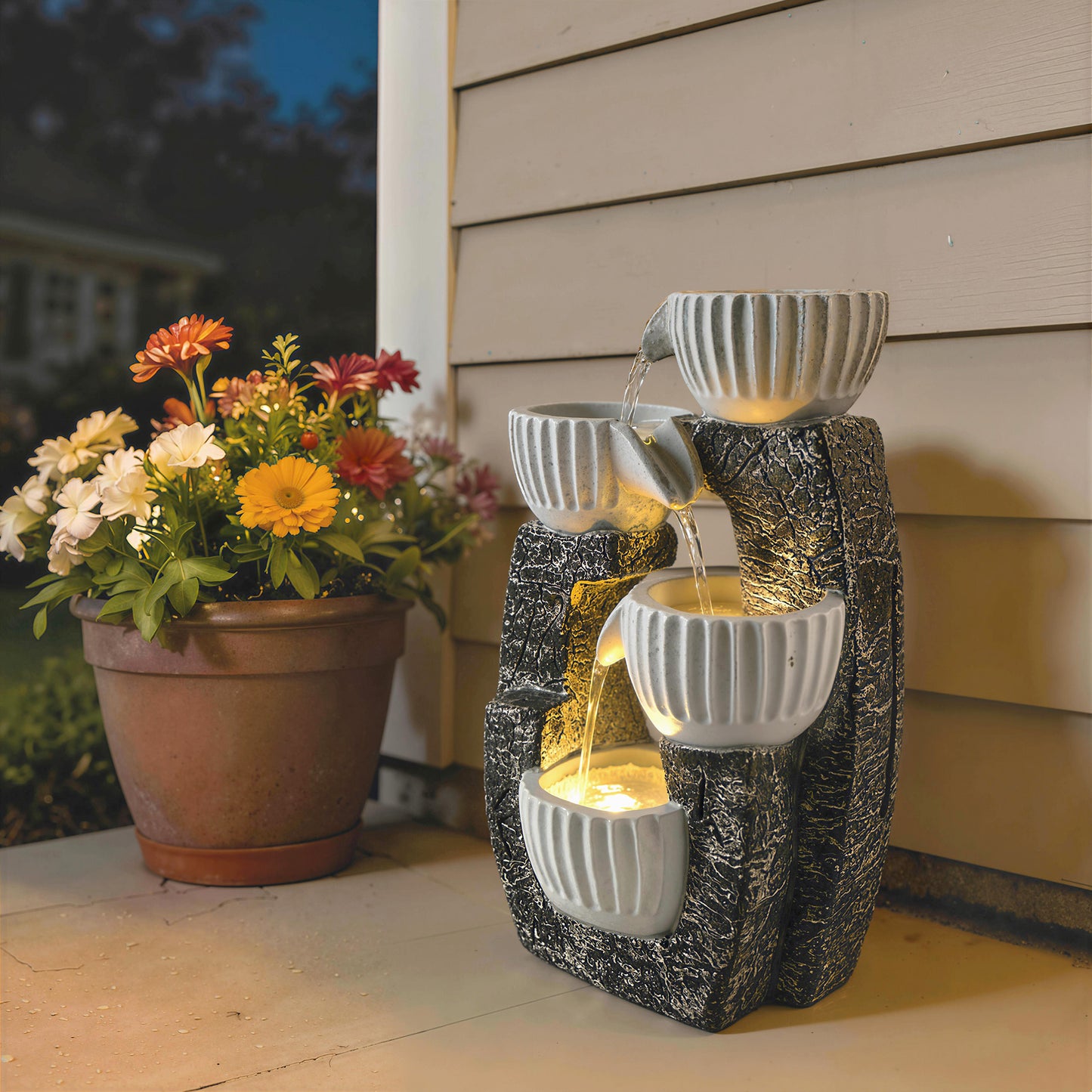 4-Tier Bowl Water Feature, Outdoor Water Fountain with LED Lights
