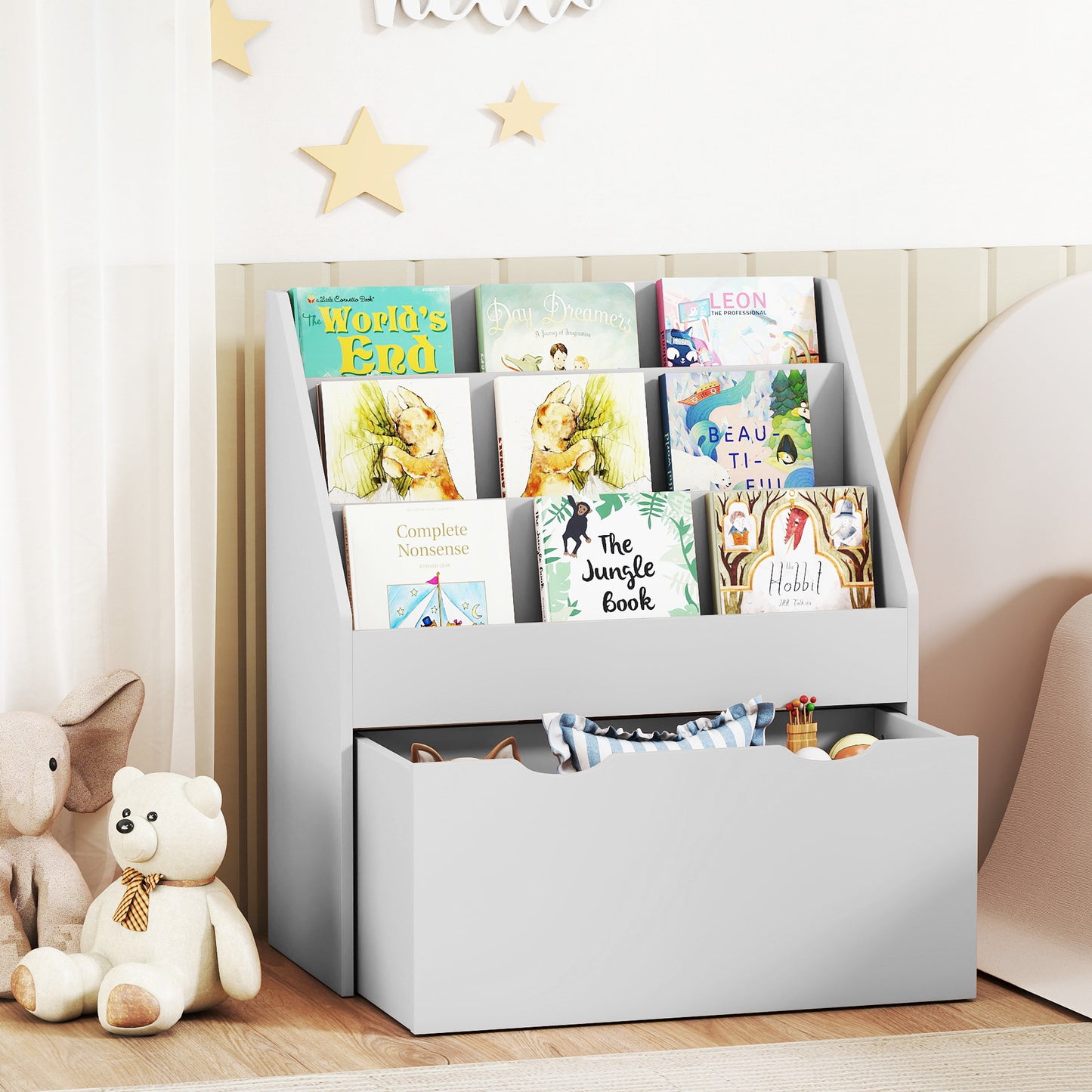 Kids Bookcase w/ 3 Tier Shelves, Drawer, for Bedroom, Nursery, Grey