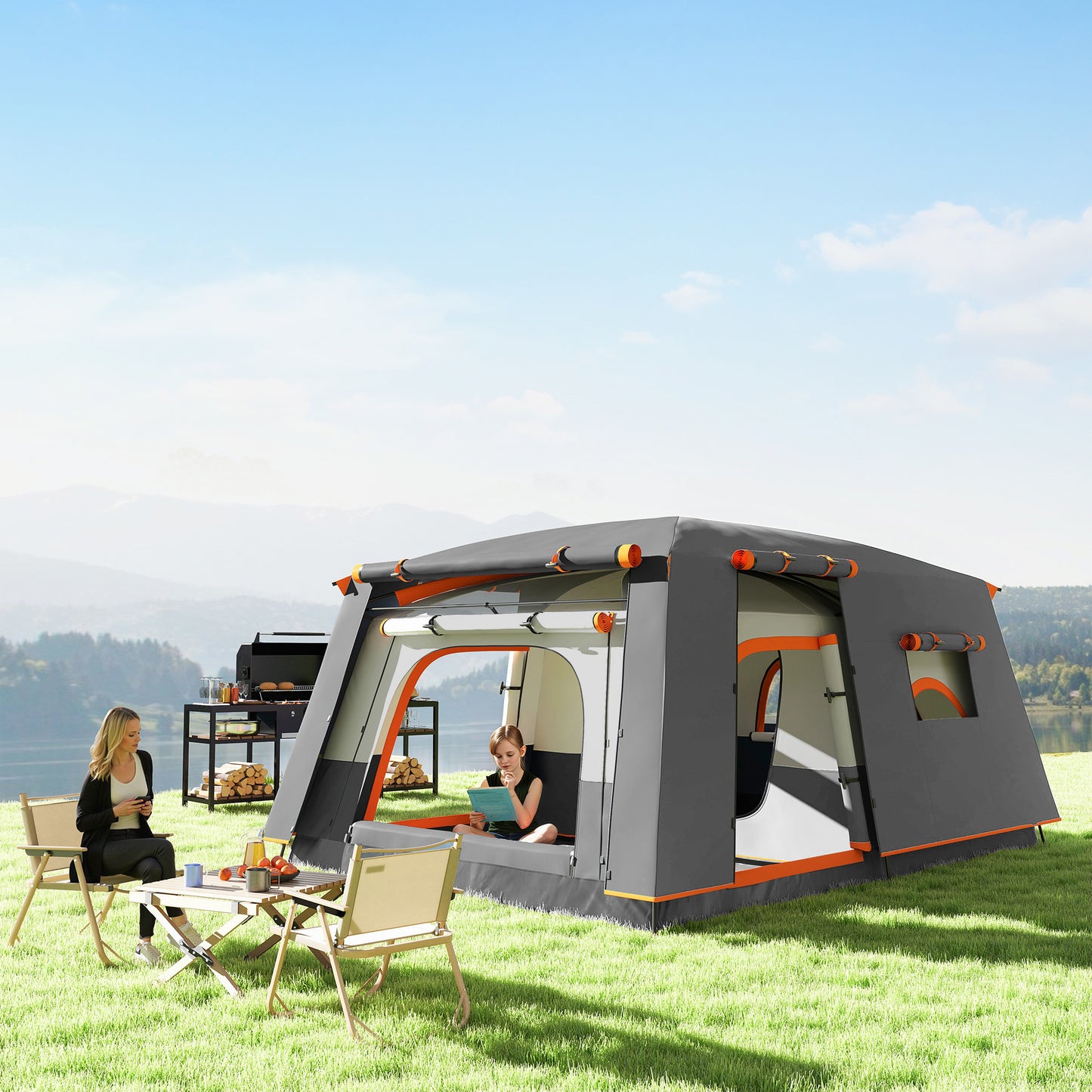 4-6 Man Camping Tent with 2 Bedroom, 3000mm Waterproof, Grey