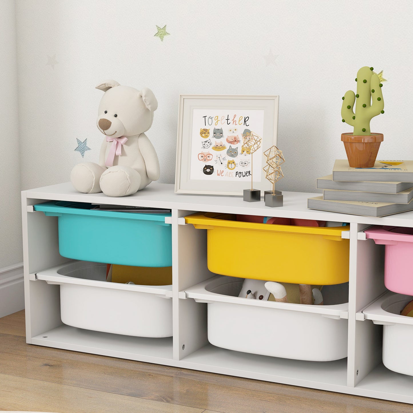 2 Tiers Toy Storage Organiser with 6 Plastic Bins, Low Height