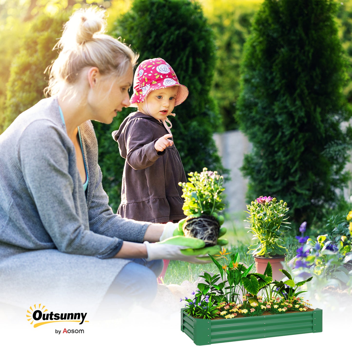Galvanised Raised Garden Bed, 180x90x30cm Raised Planter, Green