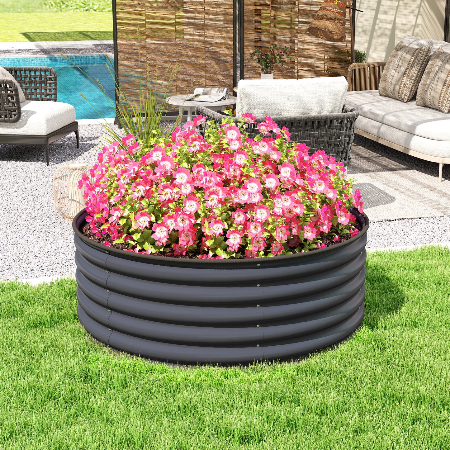 Galvanised Planter with Gloves, 120 x 120 x 43cm, Dark Grey