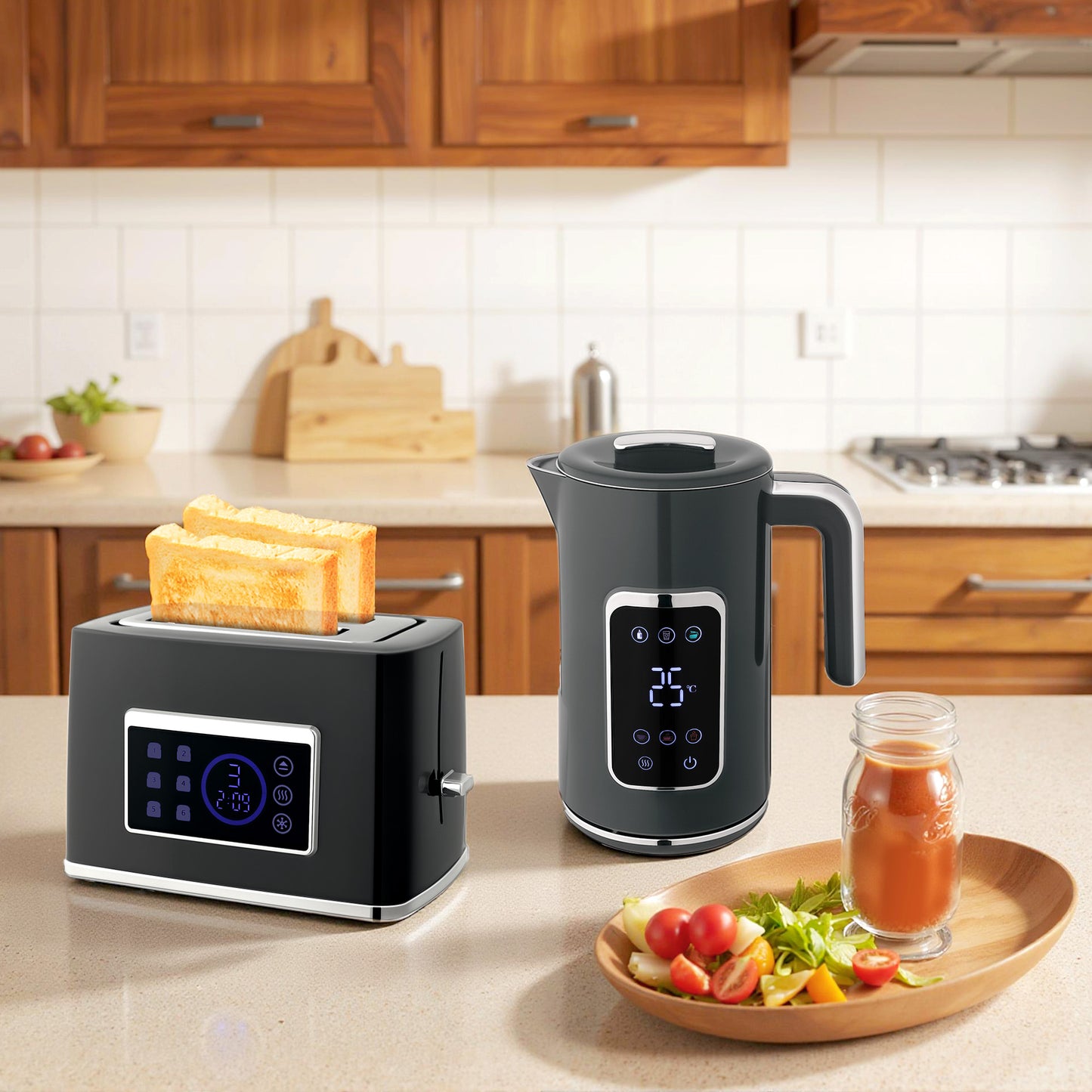 1.7L 3000W Rapid Boil Kettle and 2 Slice Toaster Set Crumb Tray Grey