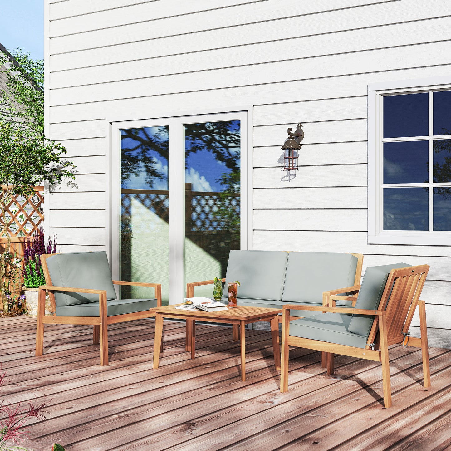 4 Pieces Wooden Garden Furniture Set with Cushions, Teak