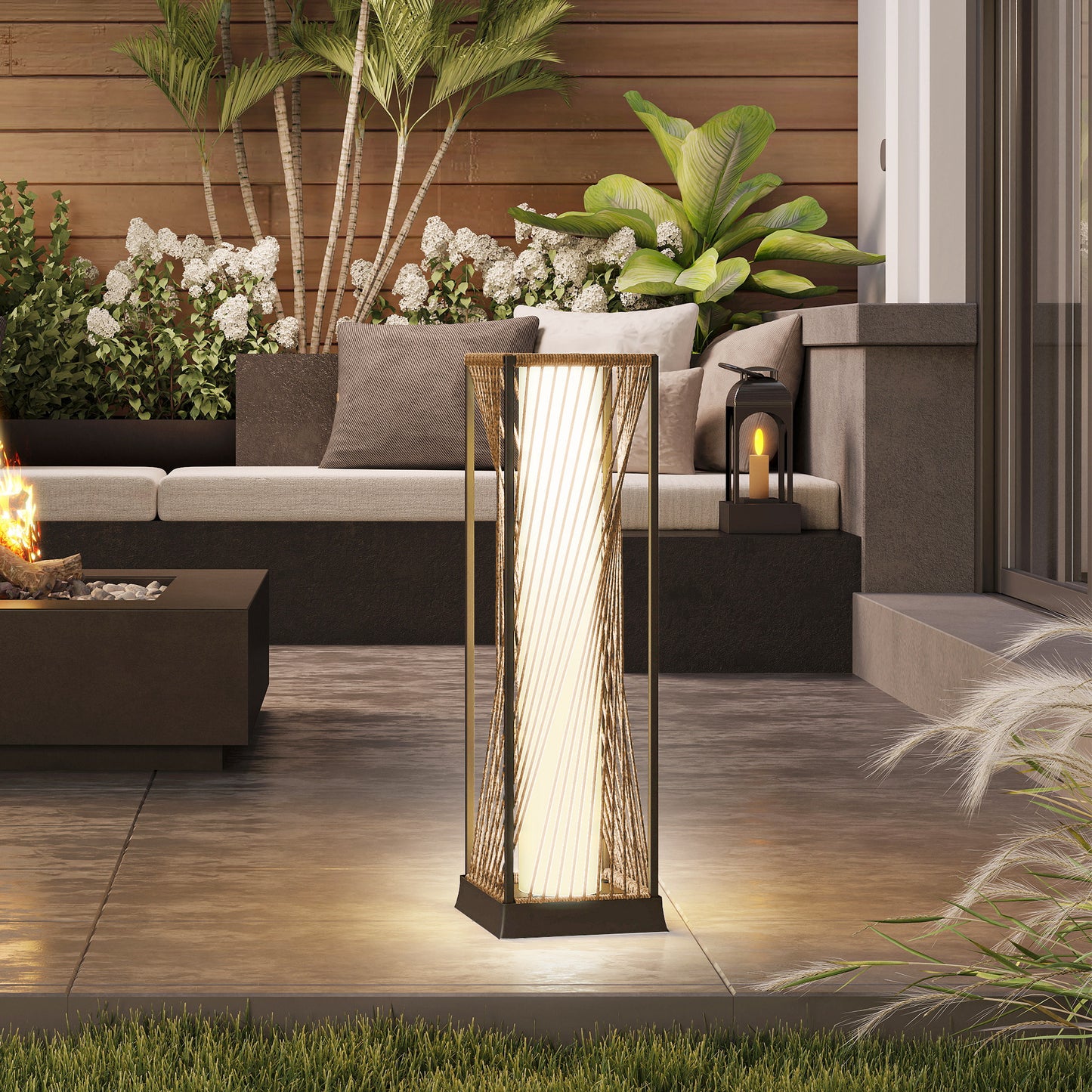 Rattan Solar Floor Lamp, Auto On/Off Garden Lights, Sand Brown