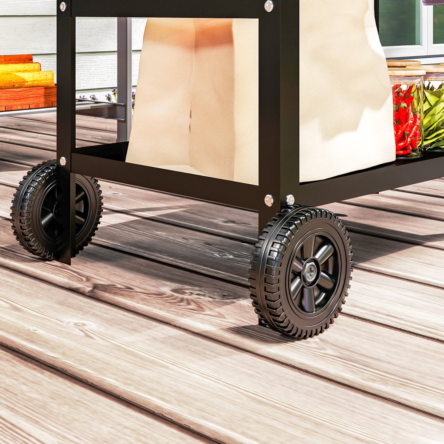 BBQ Trolley with Stainless Steel Top, Movable Pizza Table, Black