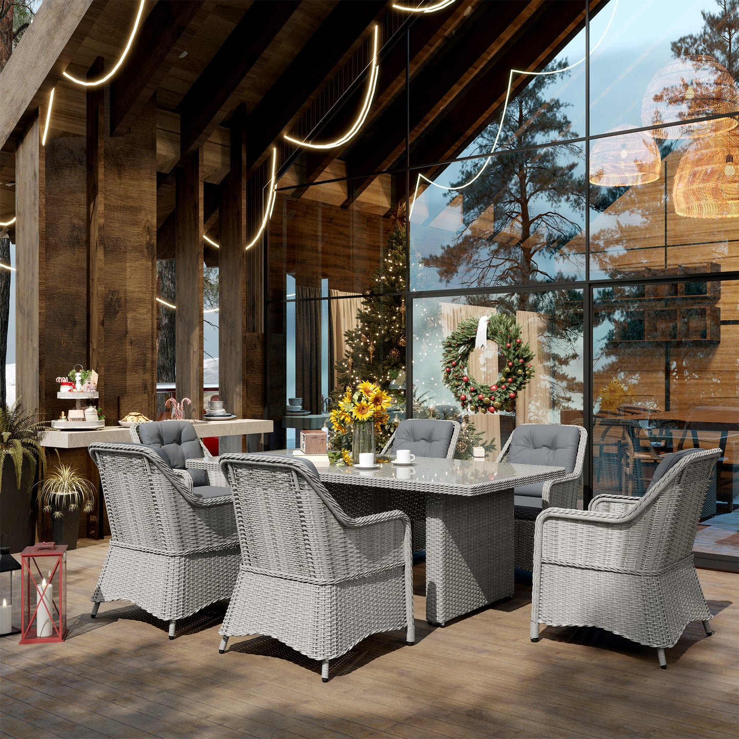 6 Seater Rattan Dining Set with Glass Top Table and Cushions, Grey