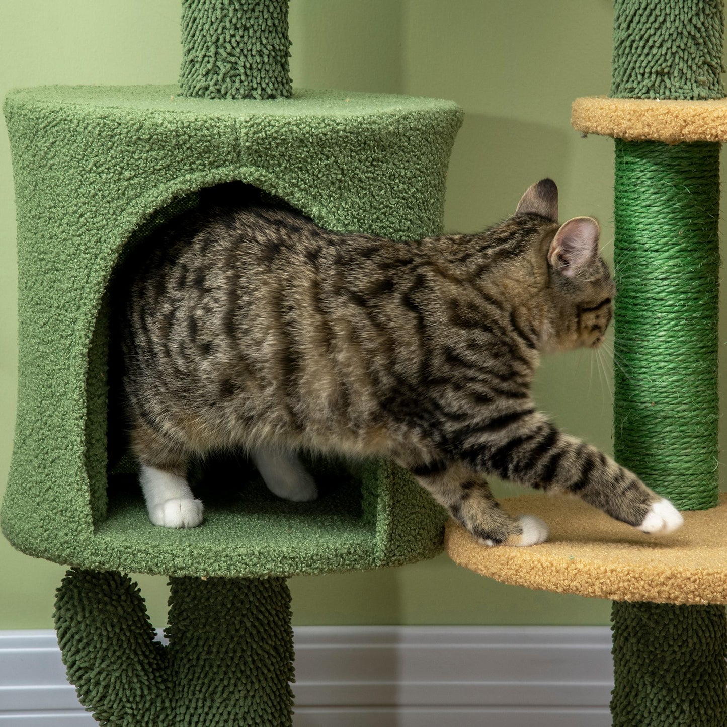 Cactus Cat Tree, 90cm Cat Climbing Tower, kitten Activity Centre with Teddy Fleece House, Bed, Sisal Scratching Posts and Hanging Ball, Green