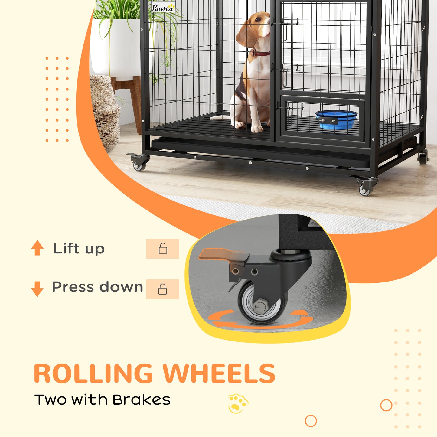 43" Heavy Duty Dog Crate on Wheels w/ Bowl Holder, Removable Tray