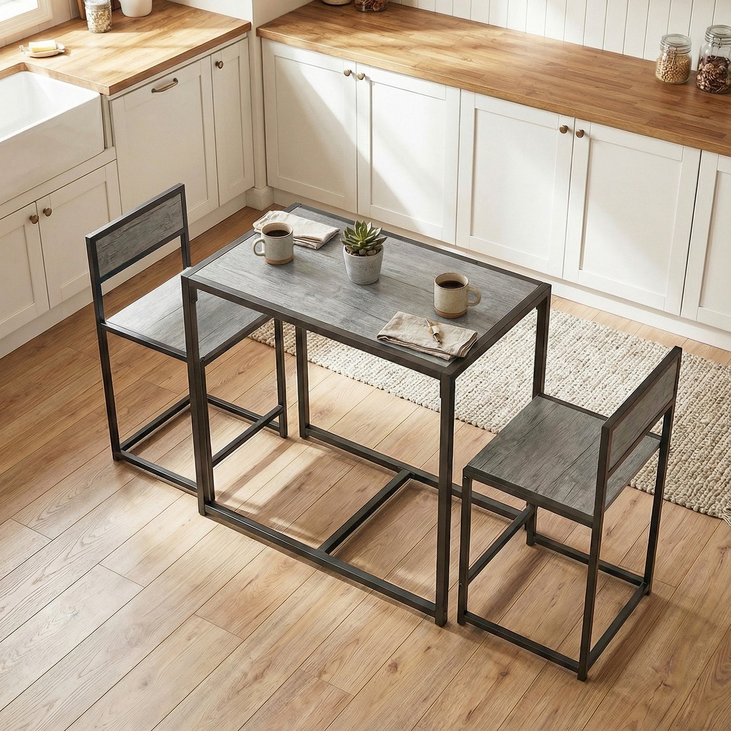 3 Piece Dining Table Set with Metal Frame Charcoal Grey Wood-Effect
