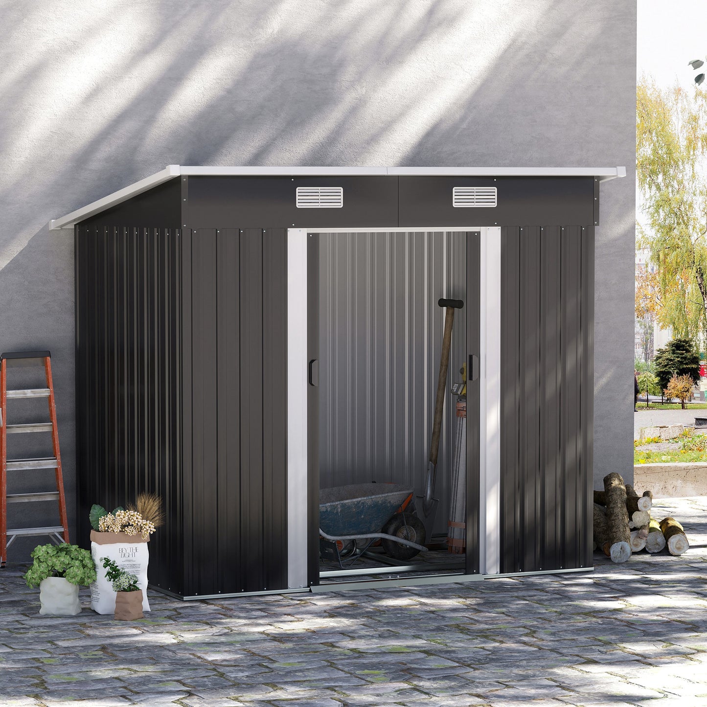 7 x 4ft Outdoor Storage Shed with Foundation Kit, Lean to Metal Garden Shed for Log, Rubbish Bin, Tool, Bike, Black