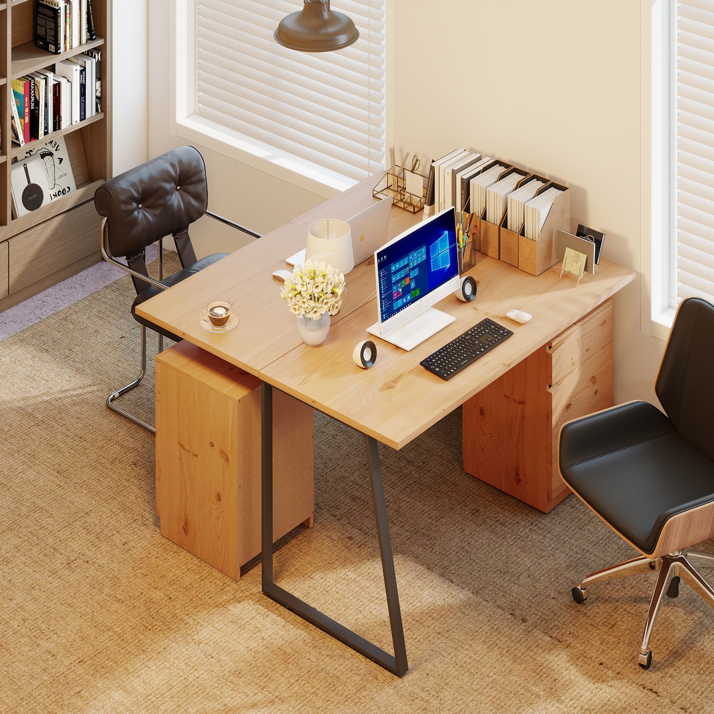Computer Desk, Writing Table with Cabinet and Drawer, Natural