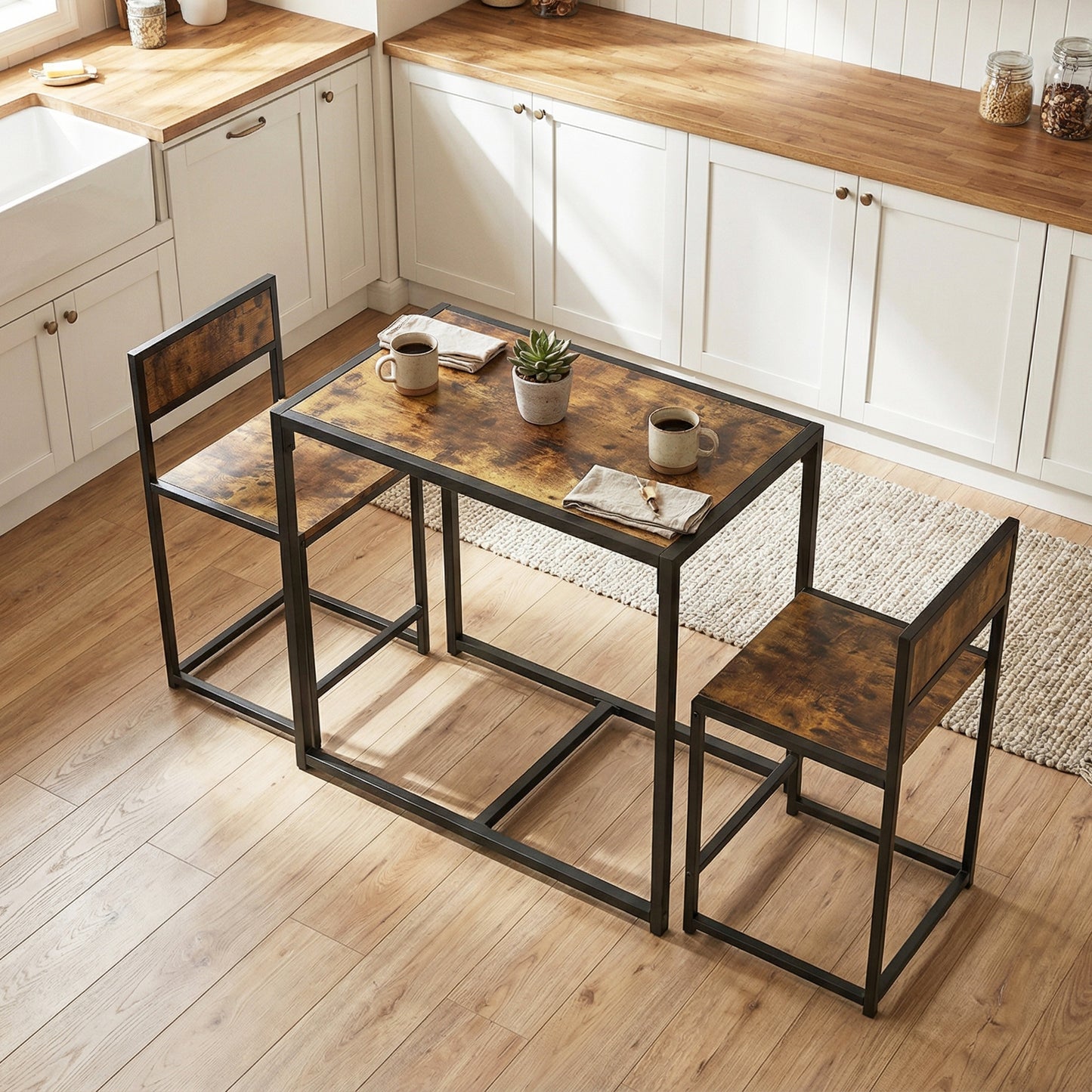3 Piece Dining Table Set with Metal Frame Rustic Brown