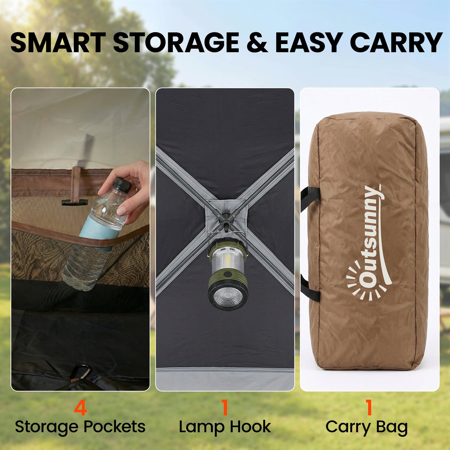 4 Person Easy Setup Family Camping Tent with 2 Rooms, Waterproof Tunnel Tent w/ Sewn In Groundsheet, Doors, Windows, Skylights and Carrying Bag, Brown & Khaki