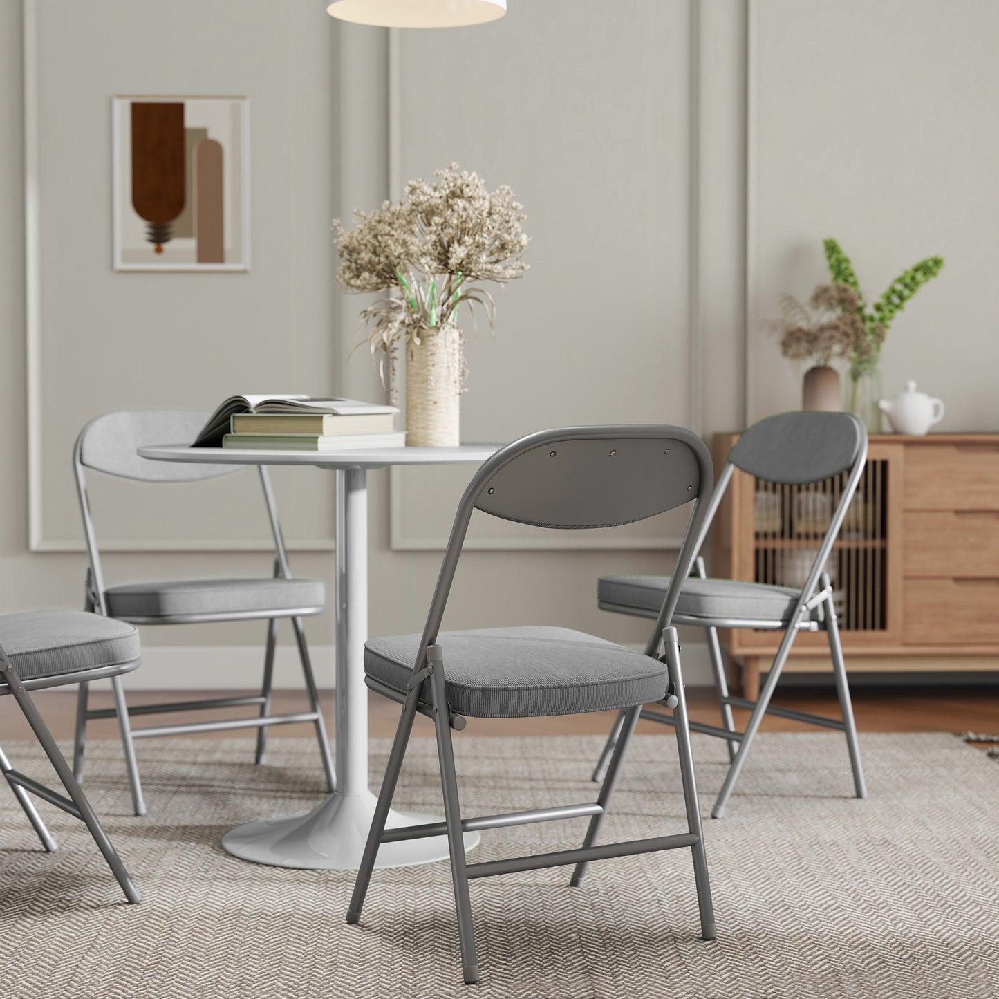 Folding Chairs Set of 4 with Cushioned Seat, Steel Frame, Grey
