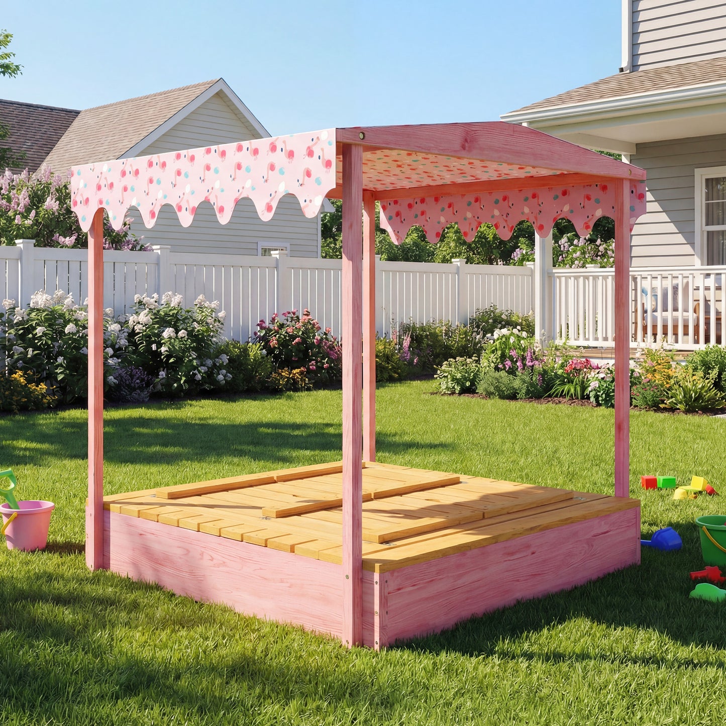 Wooden Sandbox with Lid, Canopy, Seat, Bottom Liner, Pink