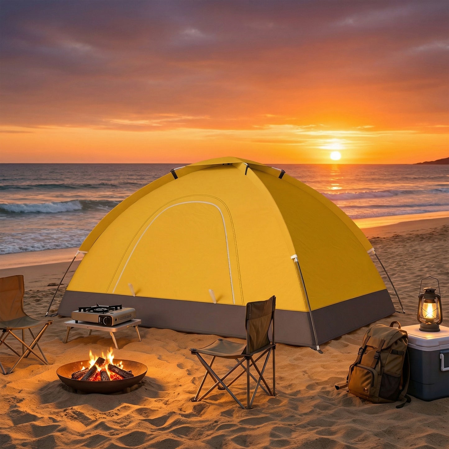 2 Person Camping Tent, Dome Tent with Storage Pocket, Yellow