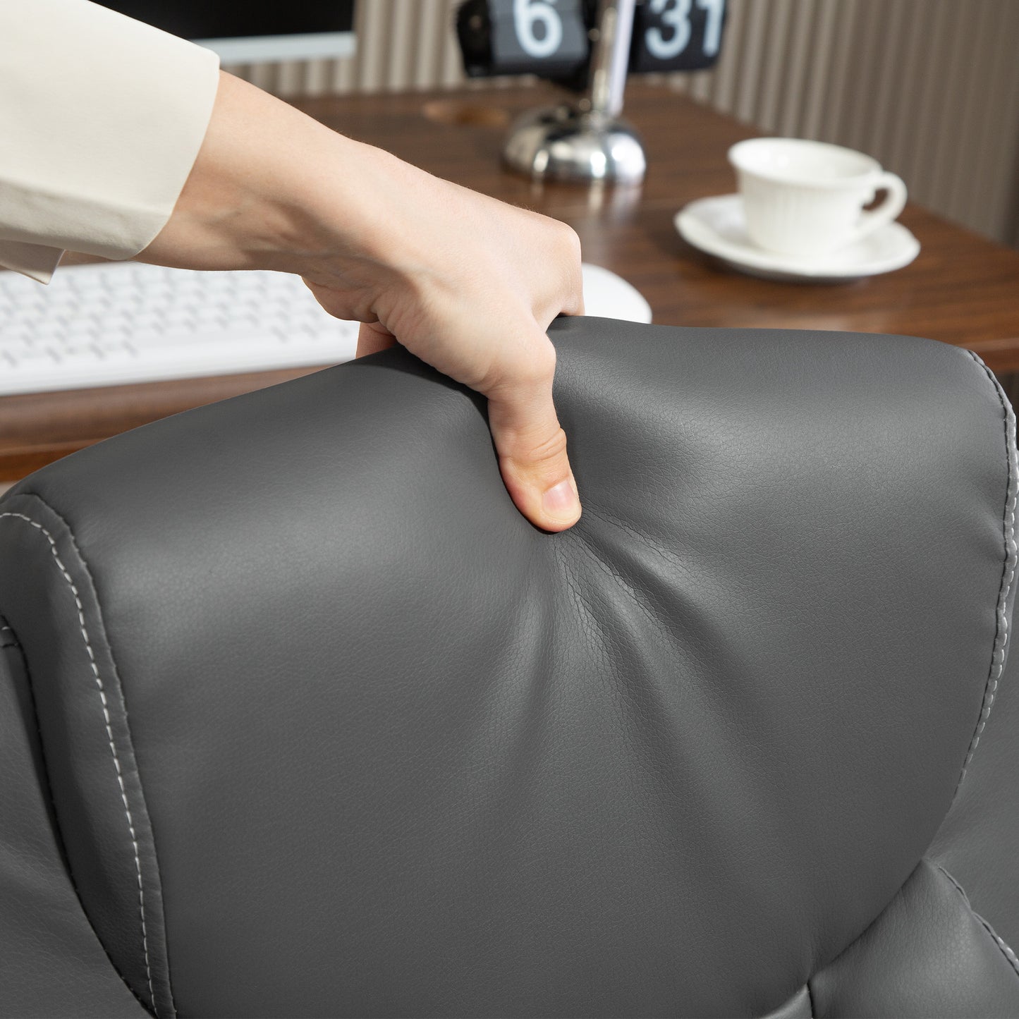 PU Leather Office Desk Chair with Thick Cushion, Charcoal Grey