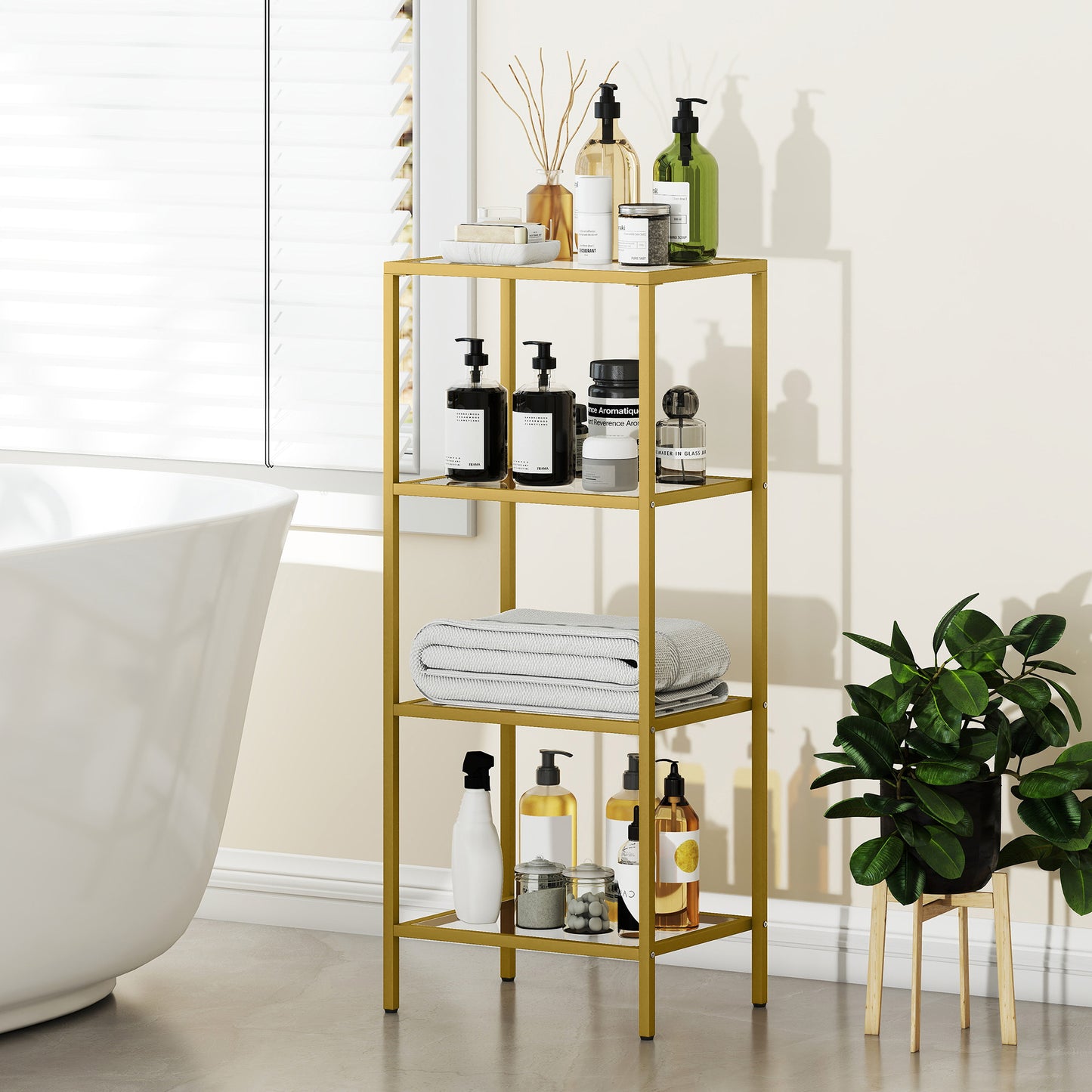 4-Tier Shelving Unit Modern Glass Shelf Bookshelf for Home Gold Tone