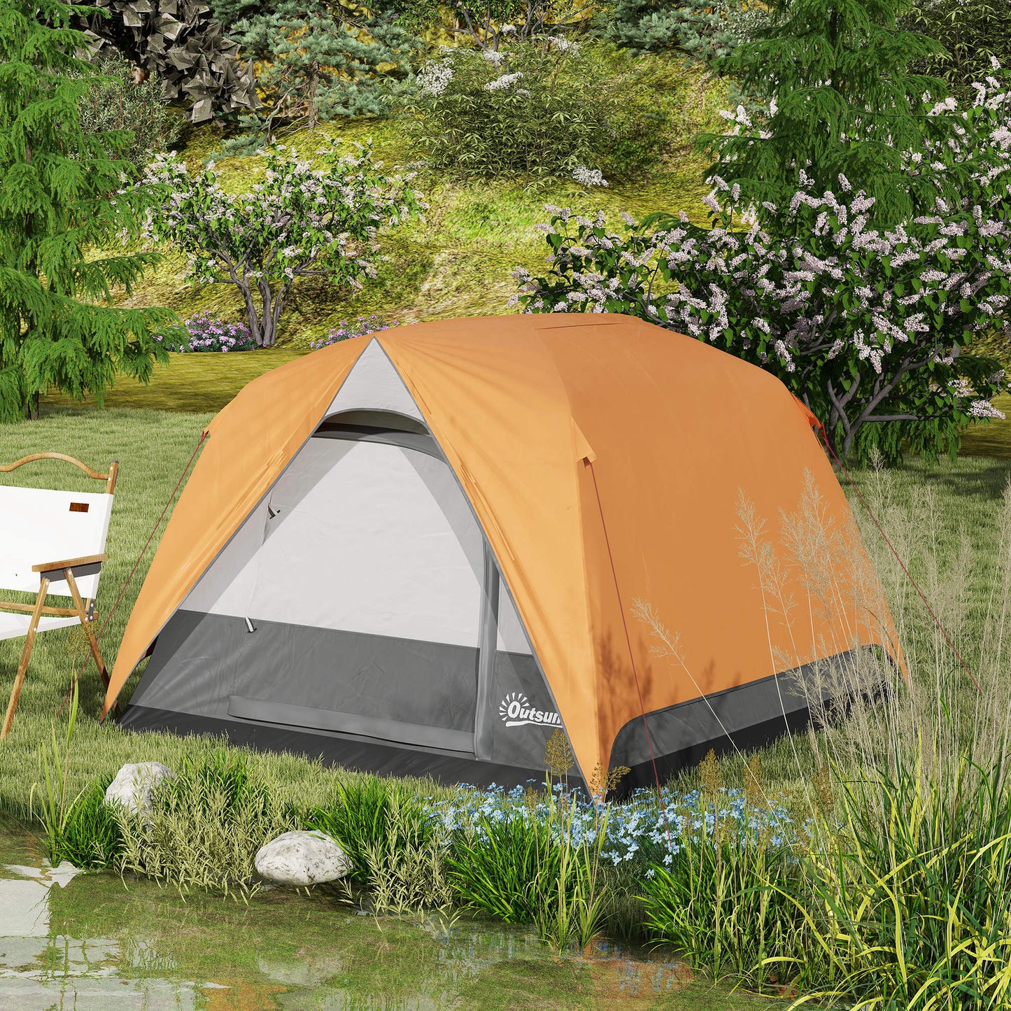 3-4 Person Camping Tent, Waterproof Tent, Orange and Grey
