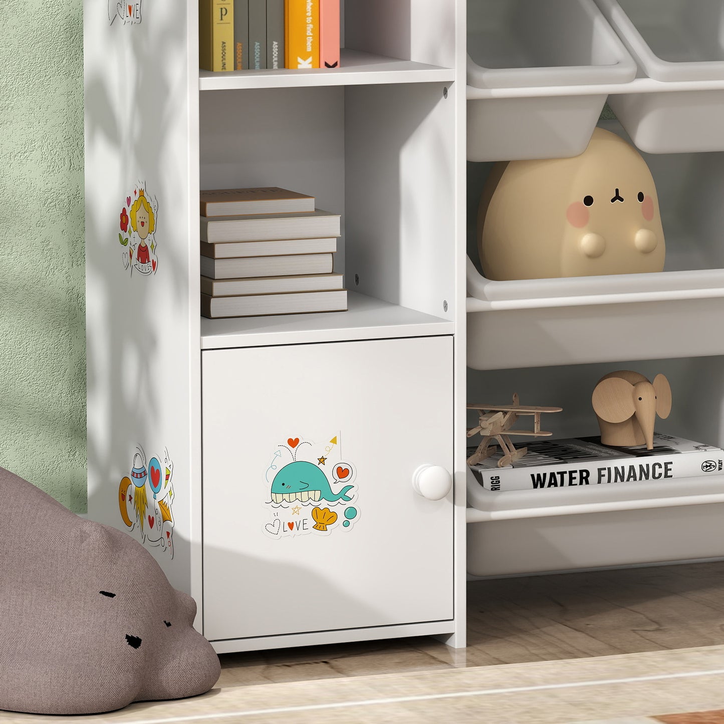 Kids Bookshelf and Toy Storage Organiser with 8 Removable Storage Bins, Toy Organisers with Bookshelf for Playroom, Nursery, Kids Room, White