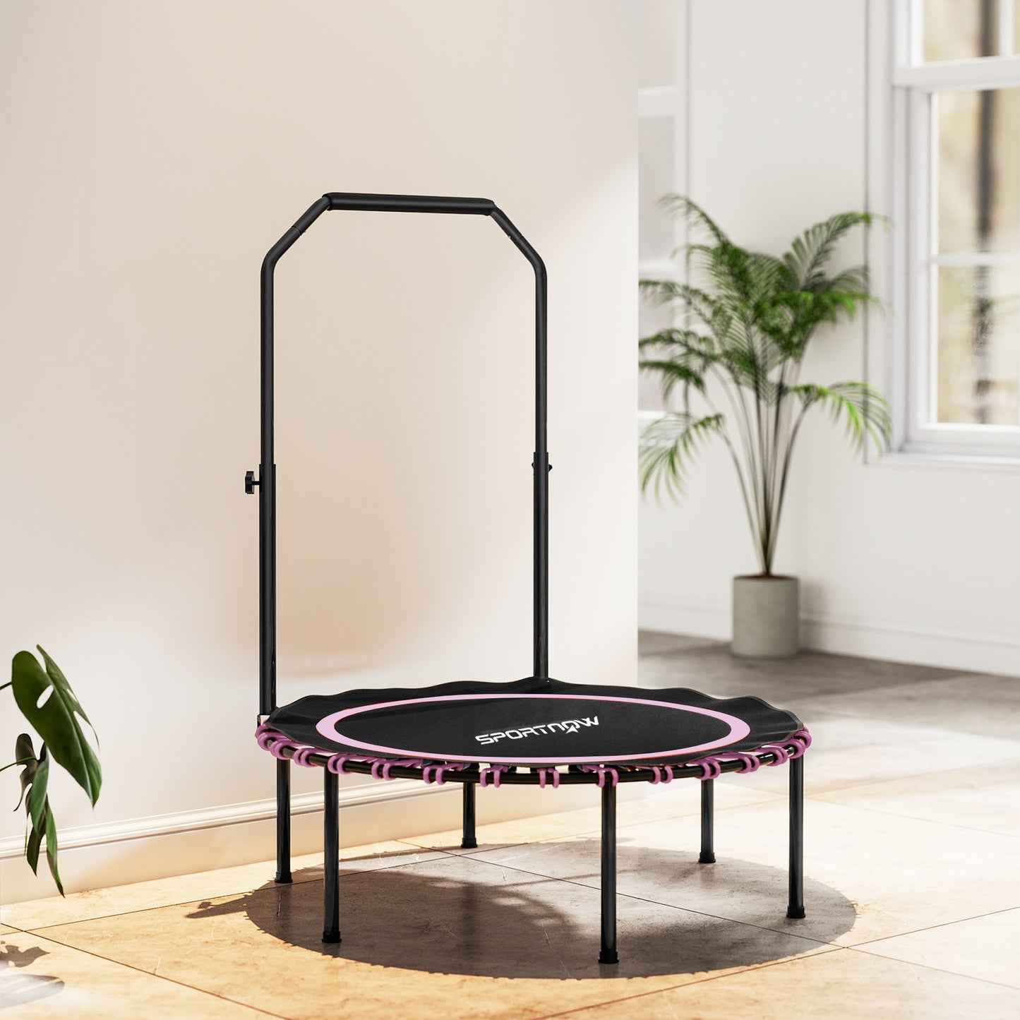 40'' Foldable Fitness Trampoline, Mini Trampoline Bungee Rebounder with 5-Level Adjustable Handle for Adults Indoor Outdoor Exercise, Pink