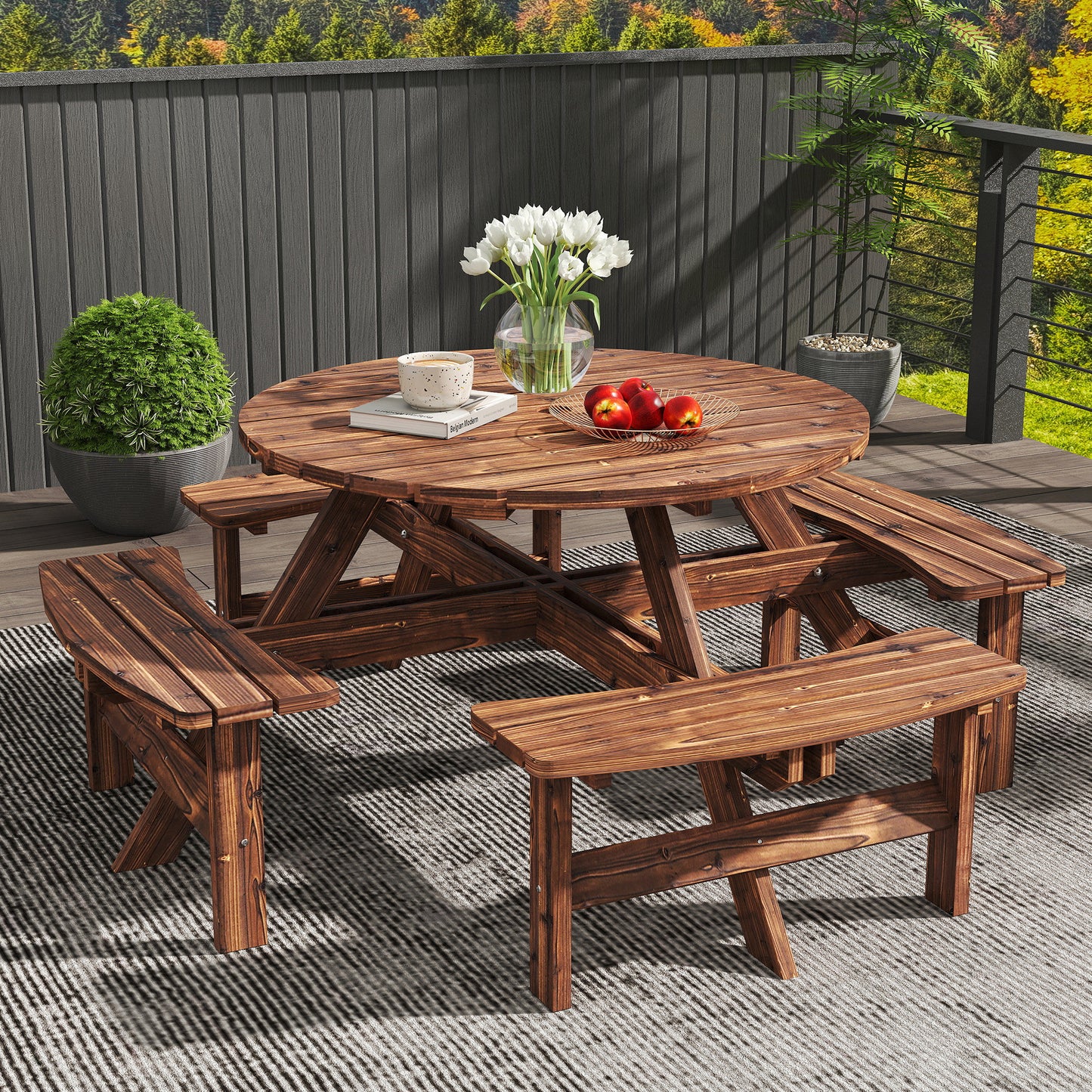 Garden Dining Set, 8 Seater Patio Furniture Set with Round Picnic Table, Parasol Hole for Outdoor Garden, Tan