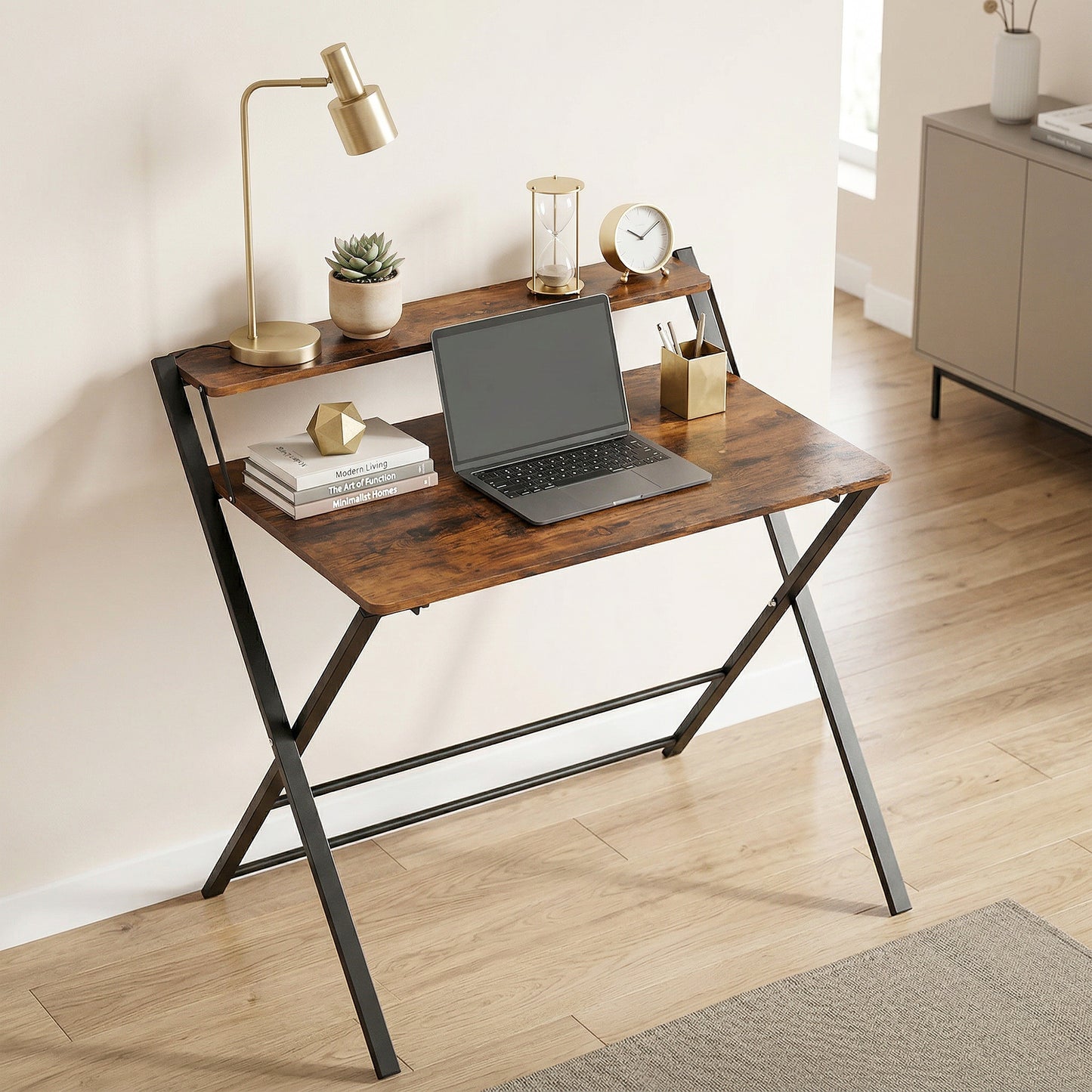 Folding Desk with 2-Tier Shelf for Home Office, Rustic Brown