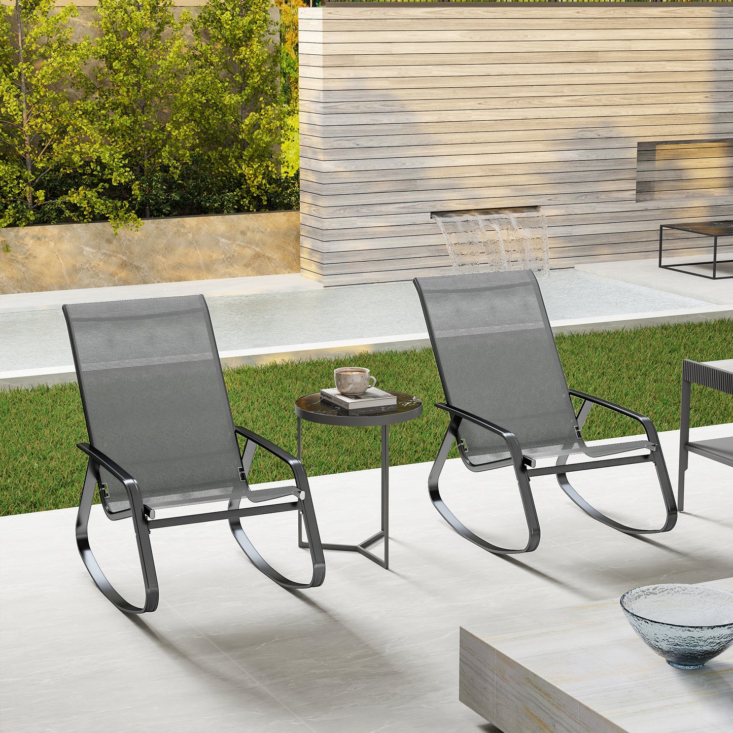 2PCS Garden Rocking Chairs with Armrests, High Back, Grey
