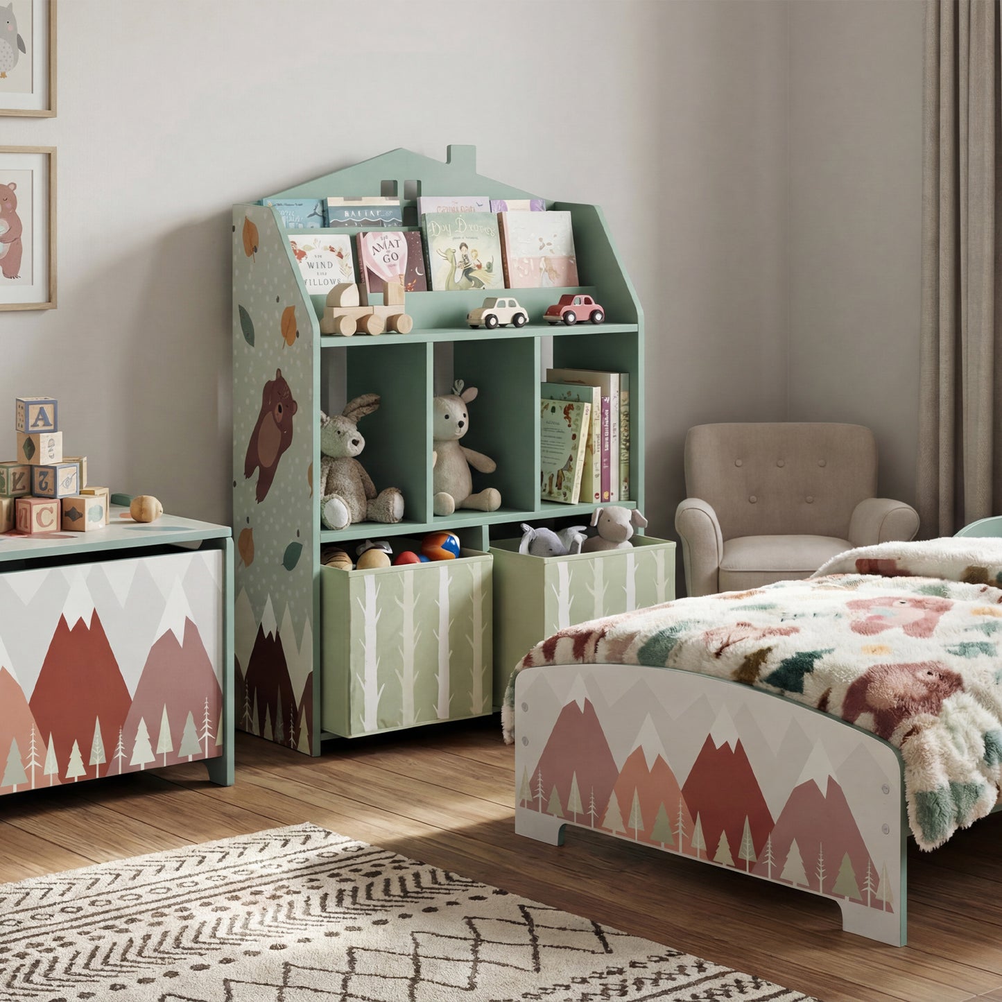 Kids Bookshelf with Storage, Toy Storage Unit for Playroom, Green