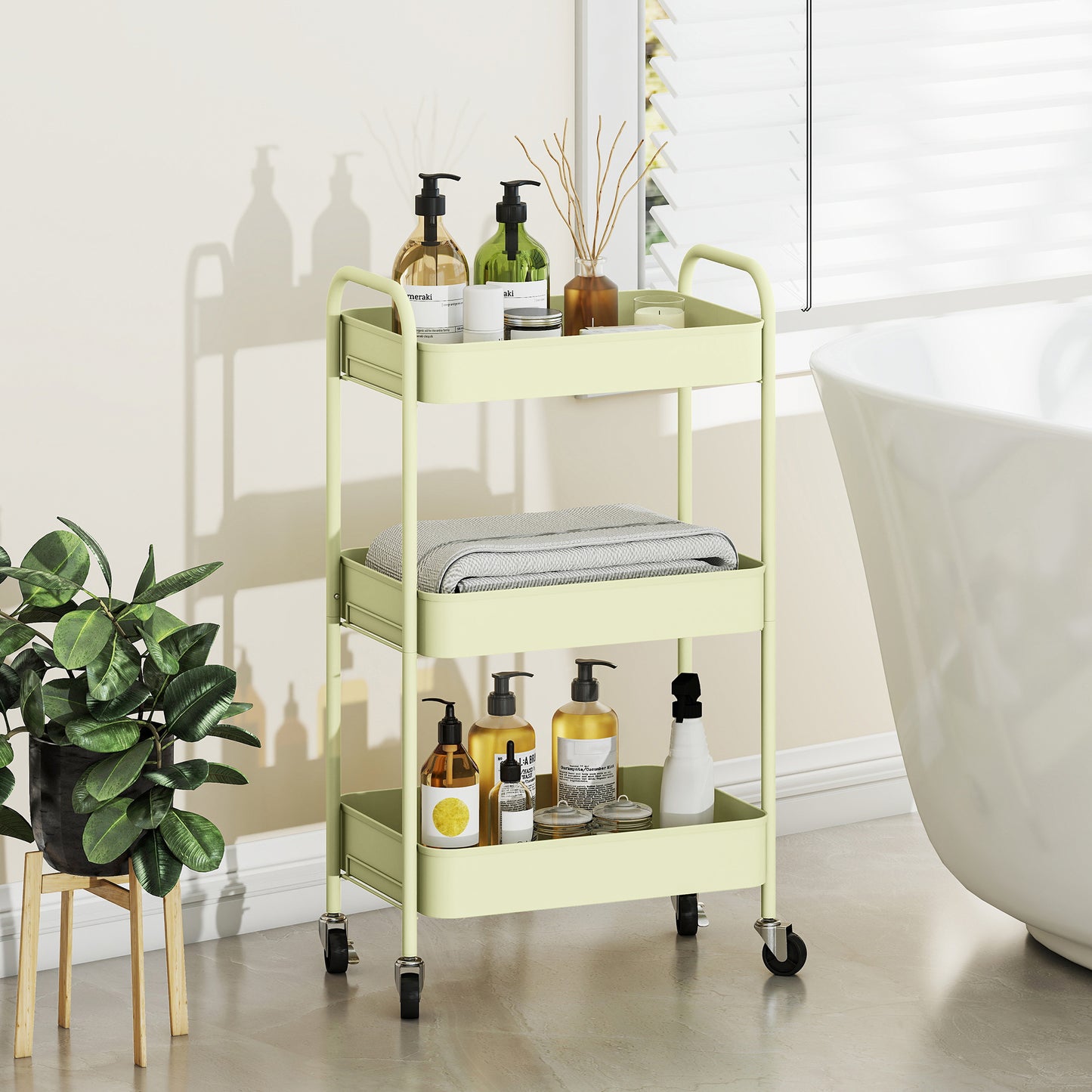 3 Tier Rolling Utility Cart with 3 Mesh Basket, Green