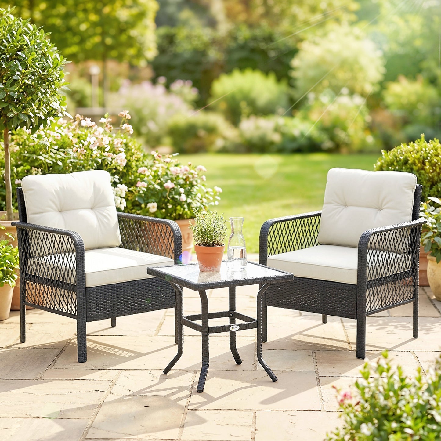 3 Pieces Rattan Bistro Set with Tempered Glass Table Cream