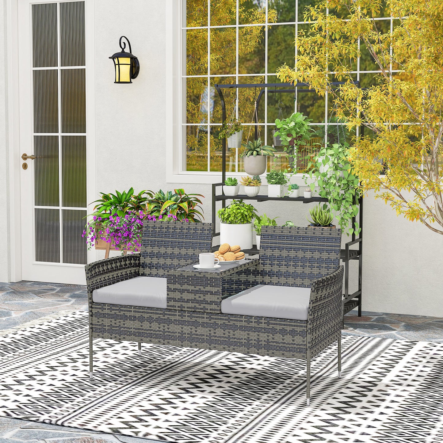 Rattan Garden Bench w/ Glass Tea Table, Cushions, Charcoal Grey