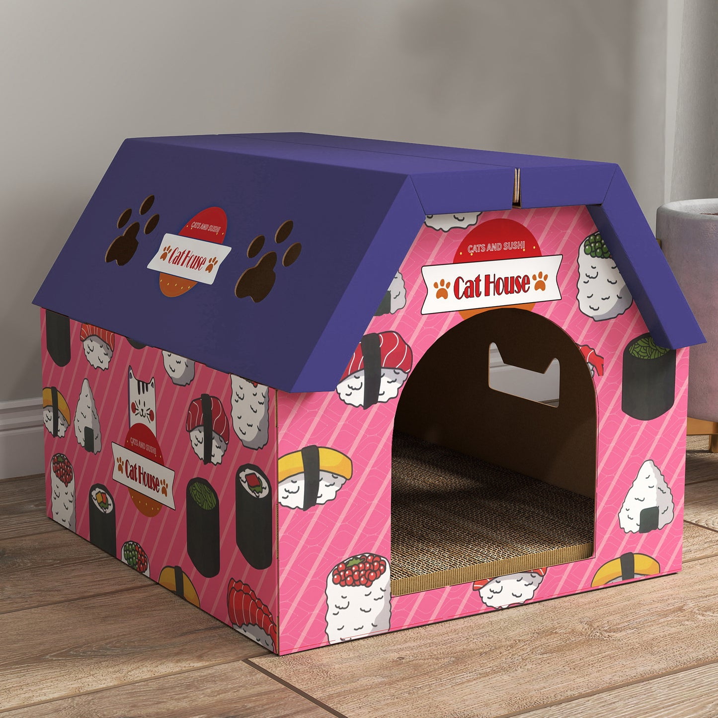2-in-1 Cat Scratching Board House with 4 Paw-Shaped Vents, Pink