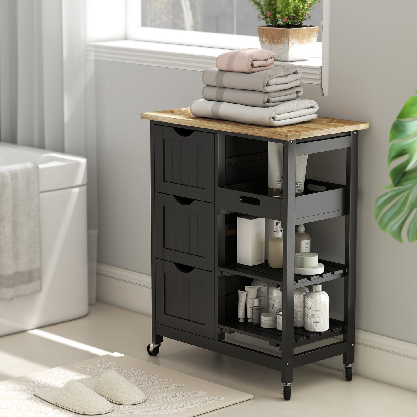 Rolling Kitchen Island Cart, Bar Serving Cart, Compact Trolley Black