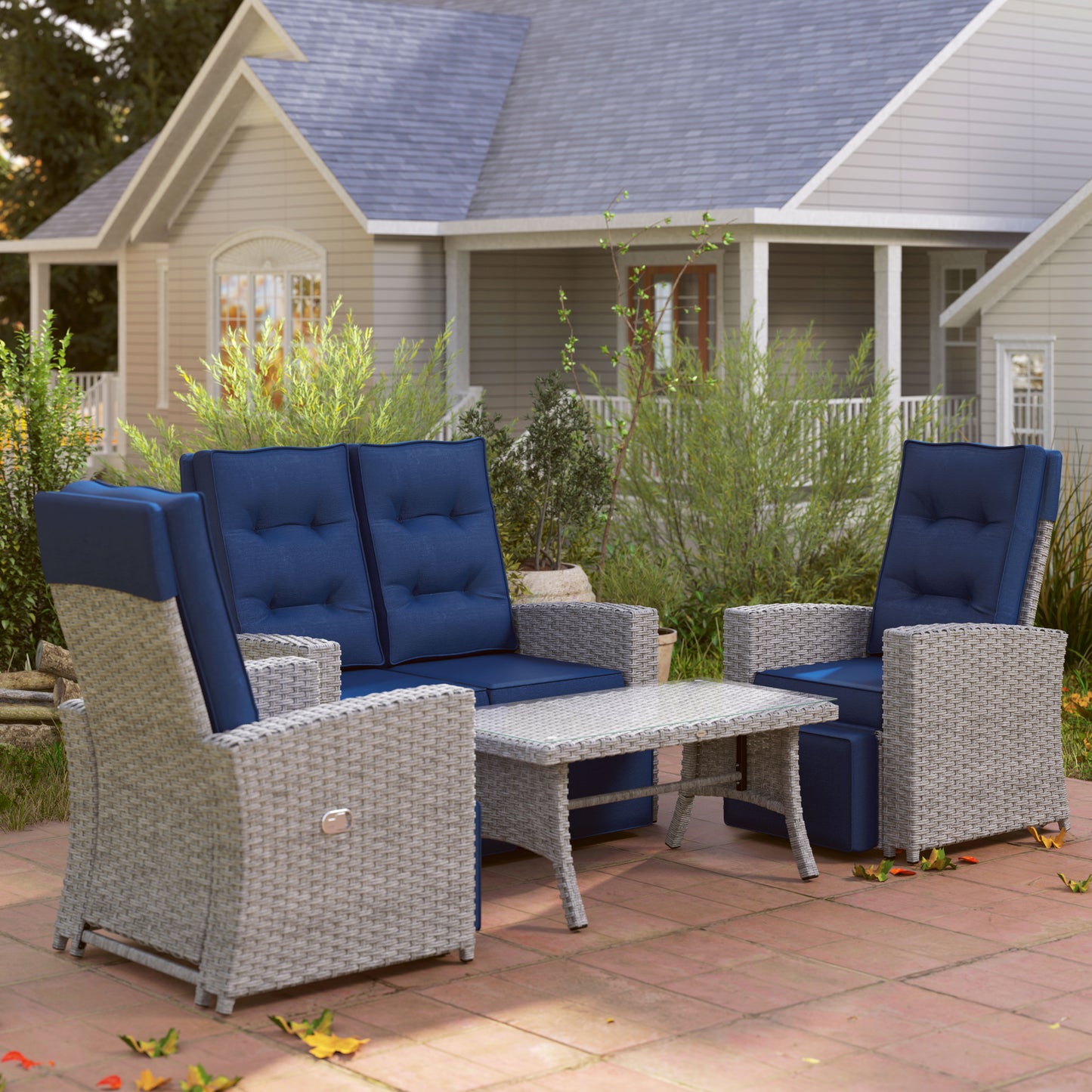 4 Piece Reclining Rattan Garden Furniture Set with Sofa, Glass Table, Blue
