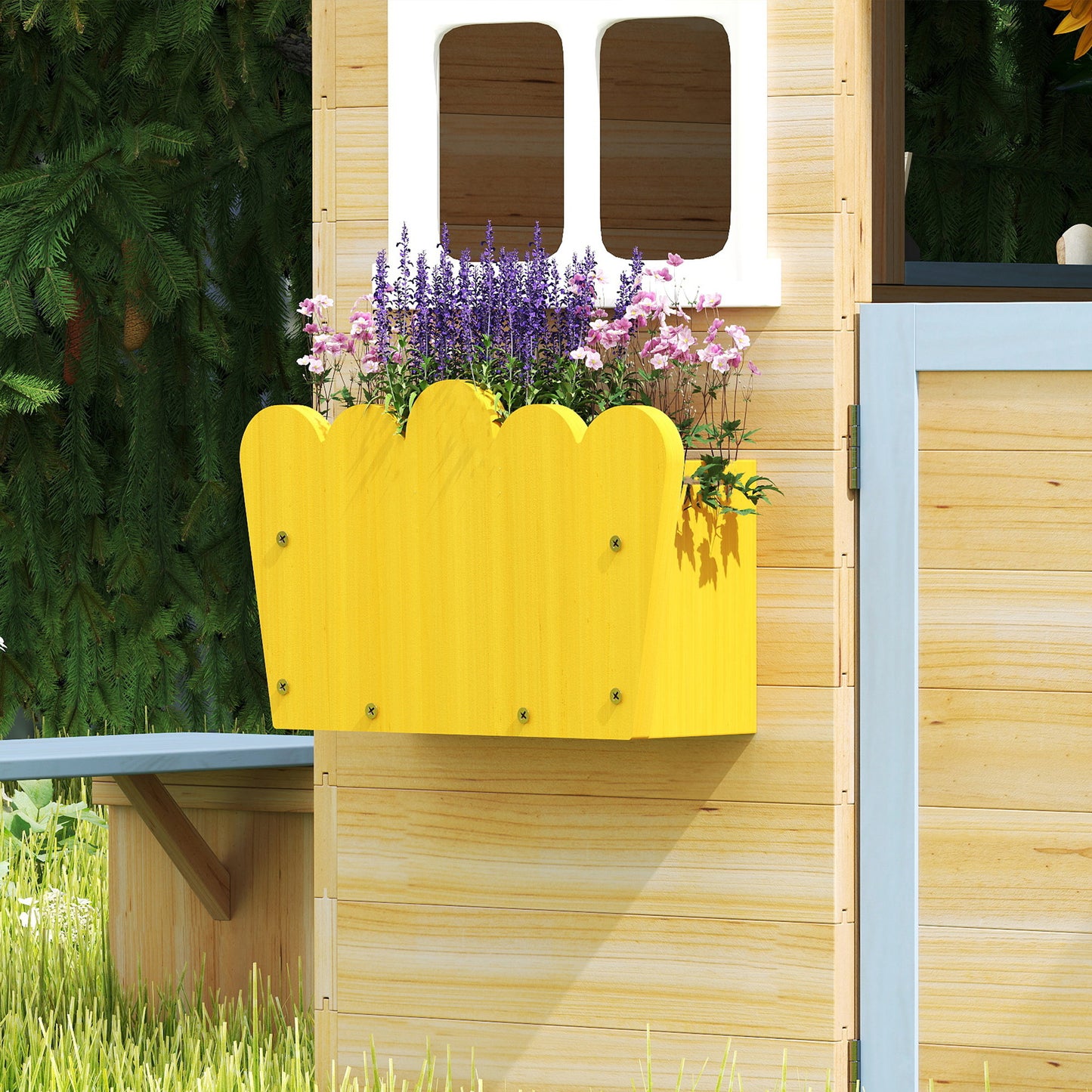 Wooden Kids Playhouse w/ Door, Windows, Bench, For 3-7 Years Blue