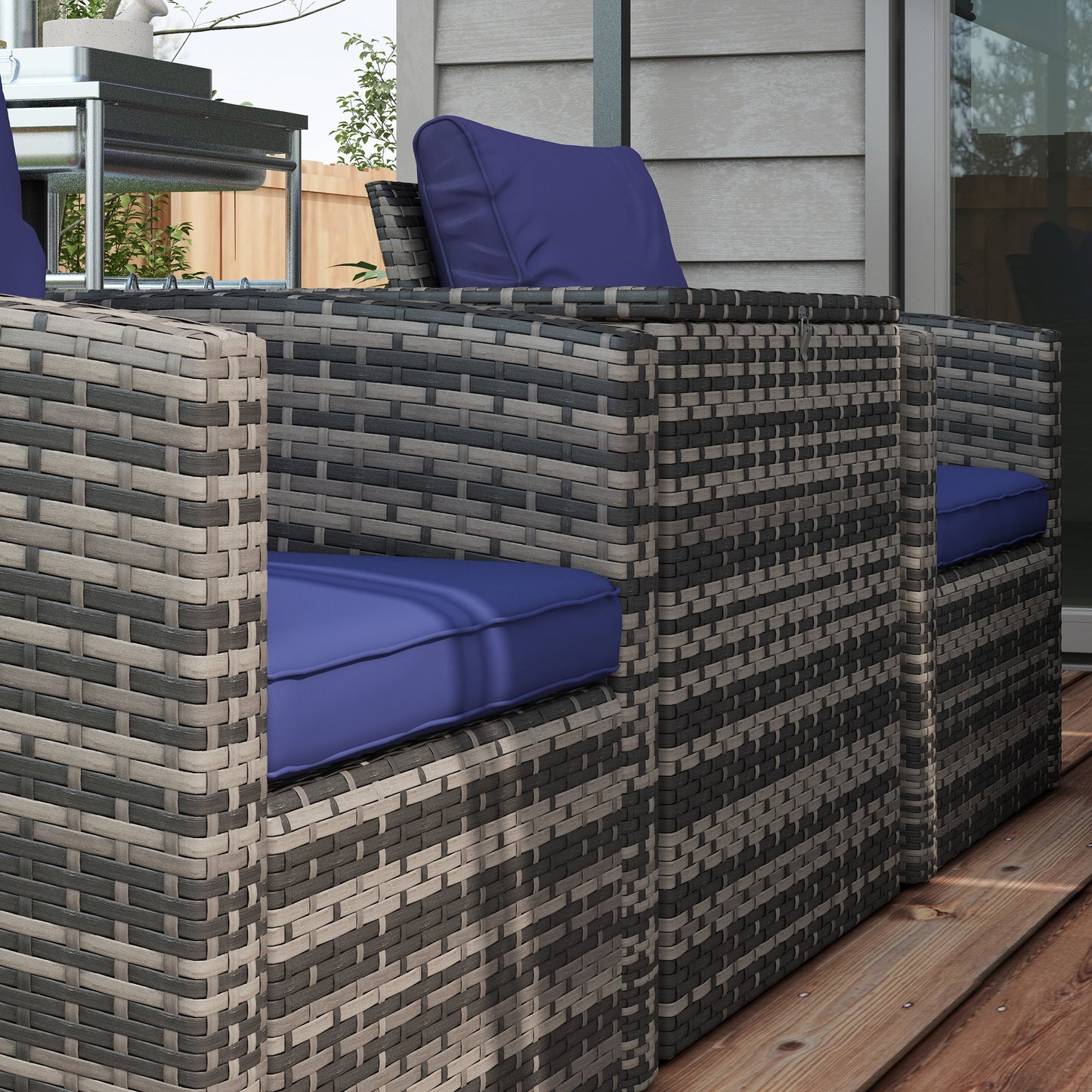 6 Pieces Rattan Garden Furniture Set, 7 Seater Wicker Outdoor Furniture Set with Storage Tea Table & Side Table, Sectional Garden Sofa Set with Cushions Navy Blue