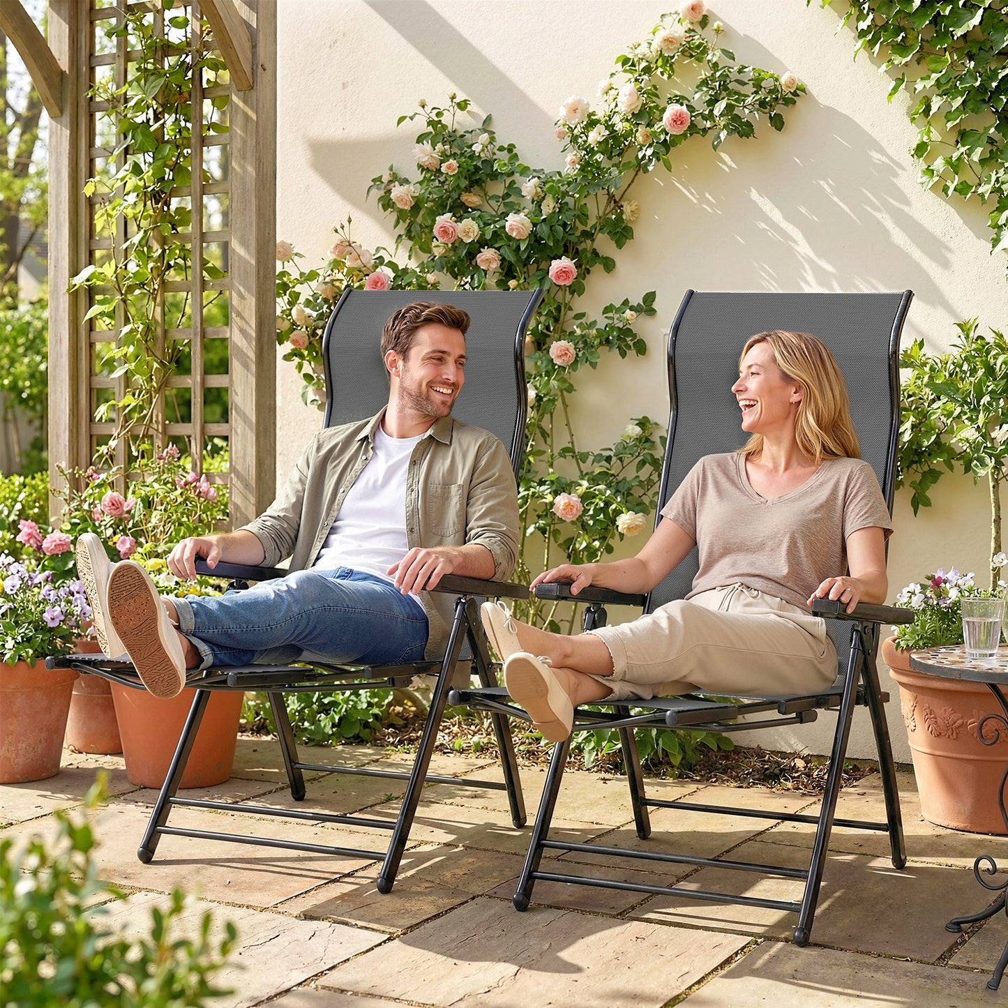 Folding Reclining Garden Chairs Set of 2 with Footrest, Dark Grey