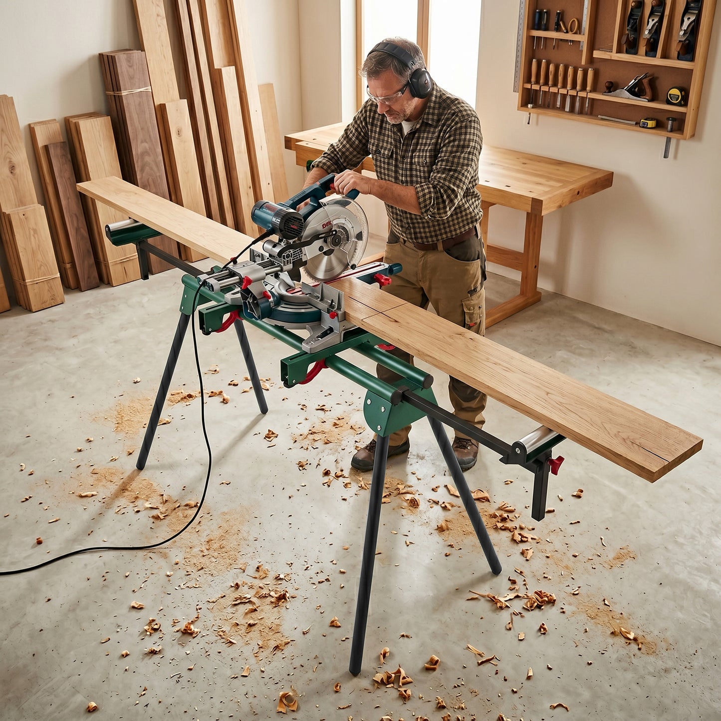 Universal Mitre Saw Stand with Adjustable Rollers and Support Arms, Portable Miter Saw Stand with Folding Legs, Heavy-Duty Height-Adjustable Pull-Out Work Piece Supports, Max Load 150kg, Green